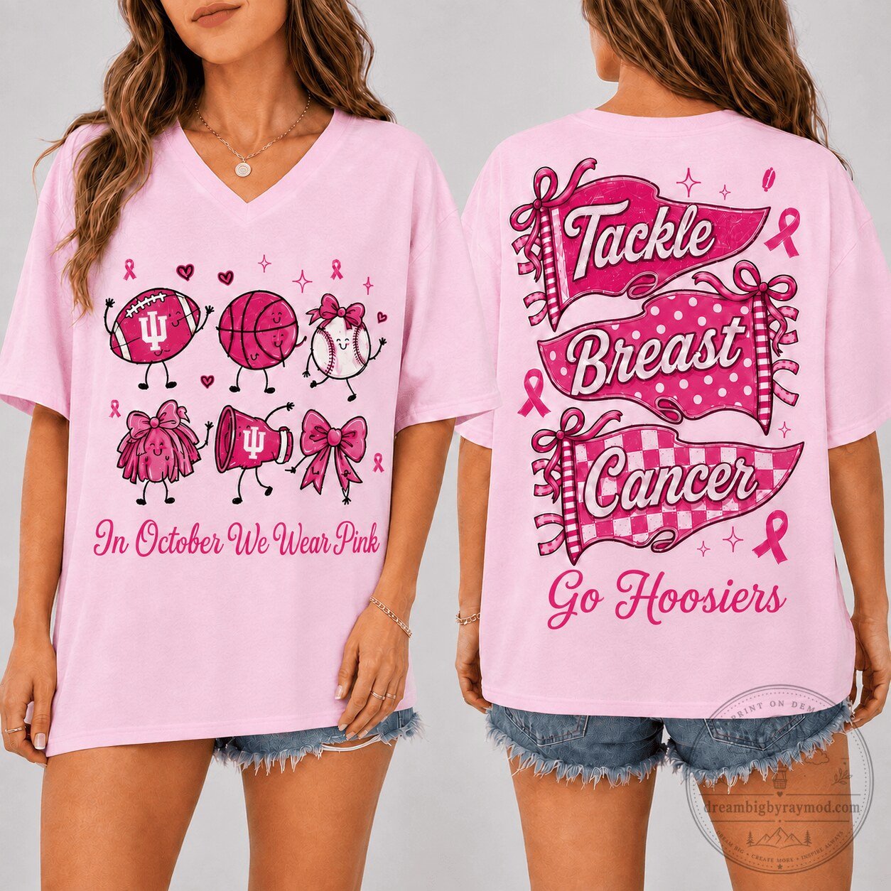Indiana Hoosiers Football Basketball Breast Cancer Awareness Pink Ribbon T-Shirt