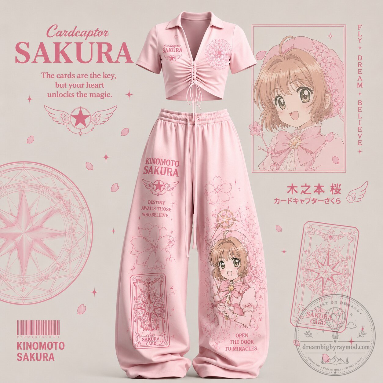 Cardcaptor Sakura Kinomoto Sakura Anime Pink Crop Top and Wide Leg Pants Set