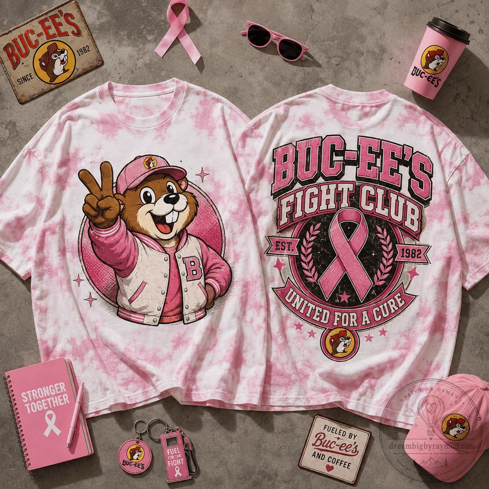 Buc-ee's Fight Club United For A Cure Pink Tie-Dye Breast Cancer Awareness T-Shirt