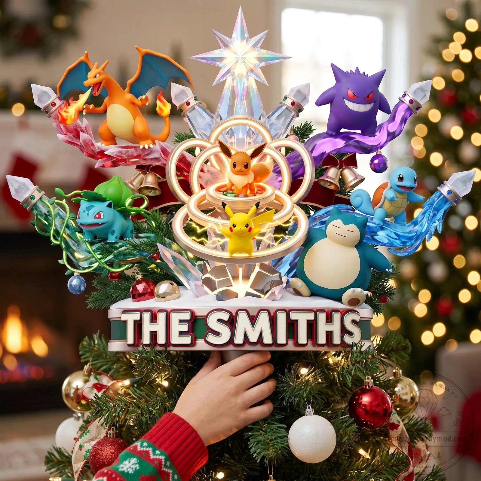 Pokemon Christmas Tree Topper with Pikachu and Friends, Personalized Family Name