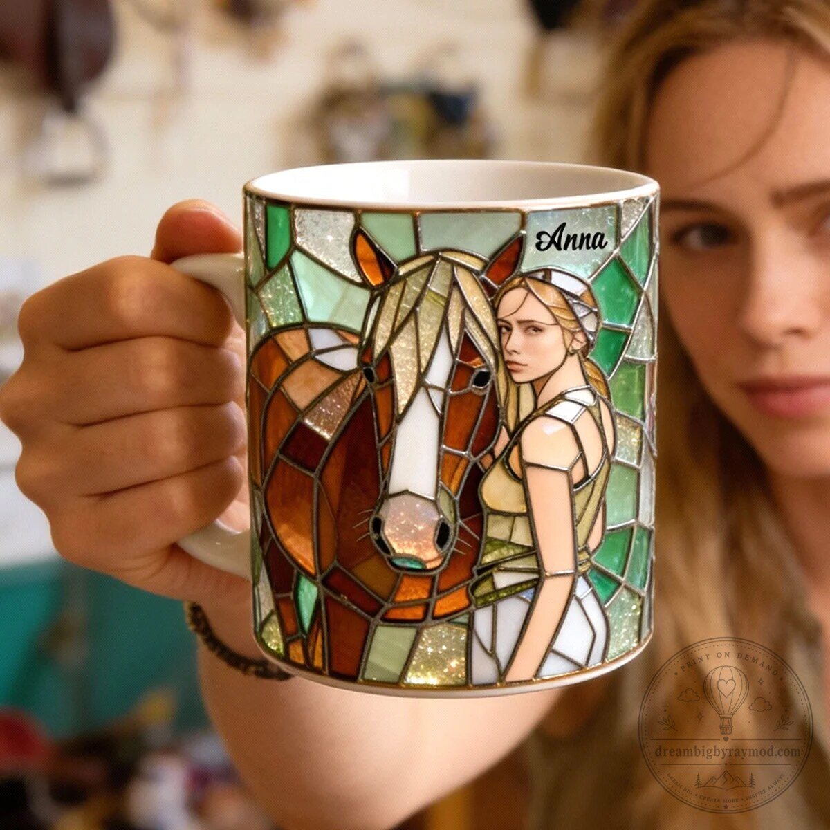 Horse Lovers Coffee Mug, Personalized Stained Glass Horse and Girl Design