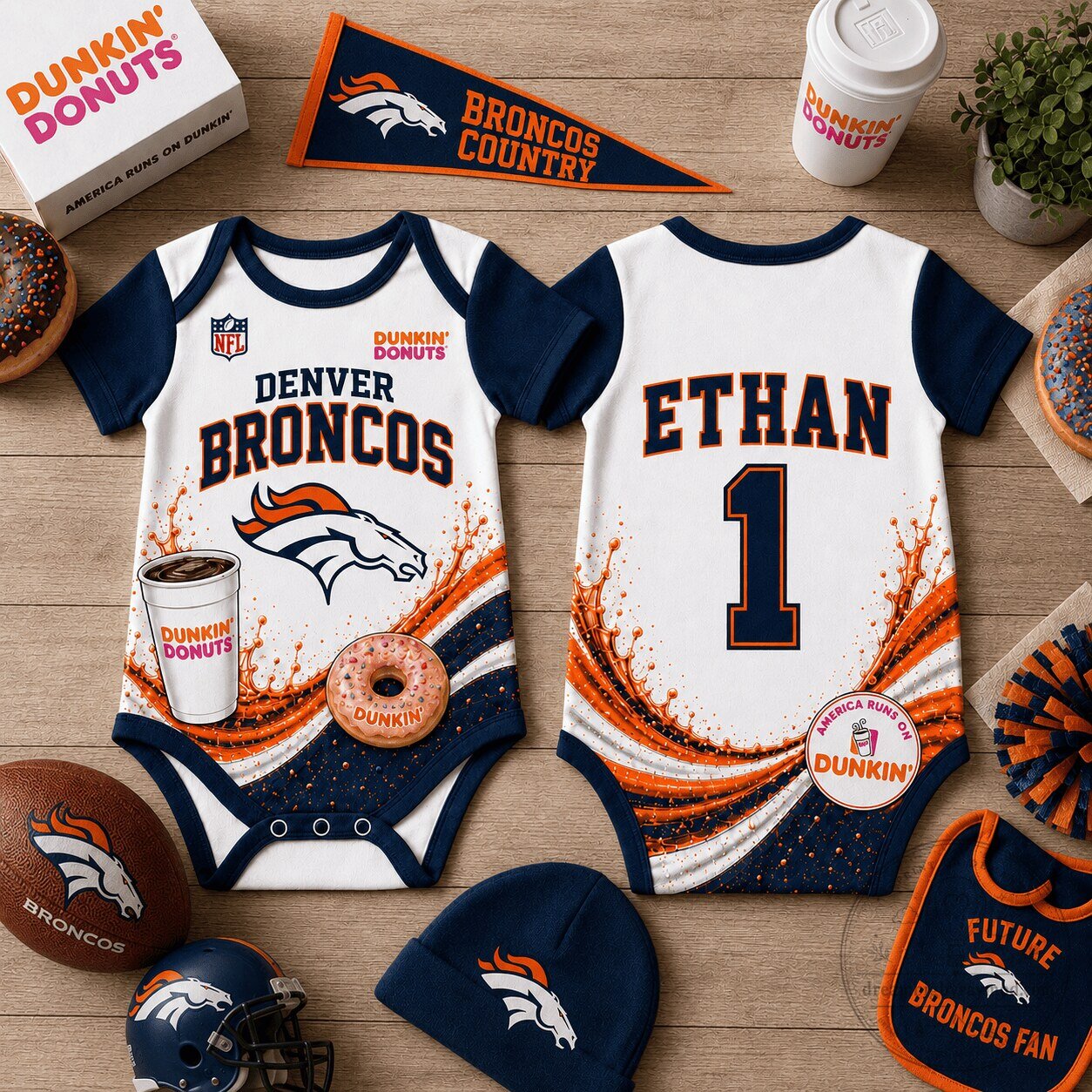 Denver Broncos Dunkin Donuts Baby Bodysuit Football Team Infant Romper