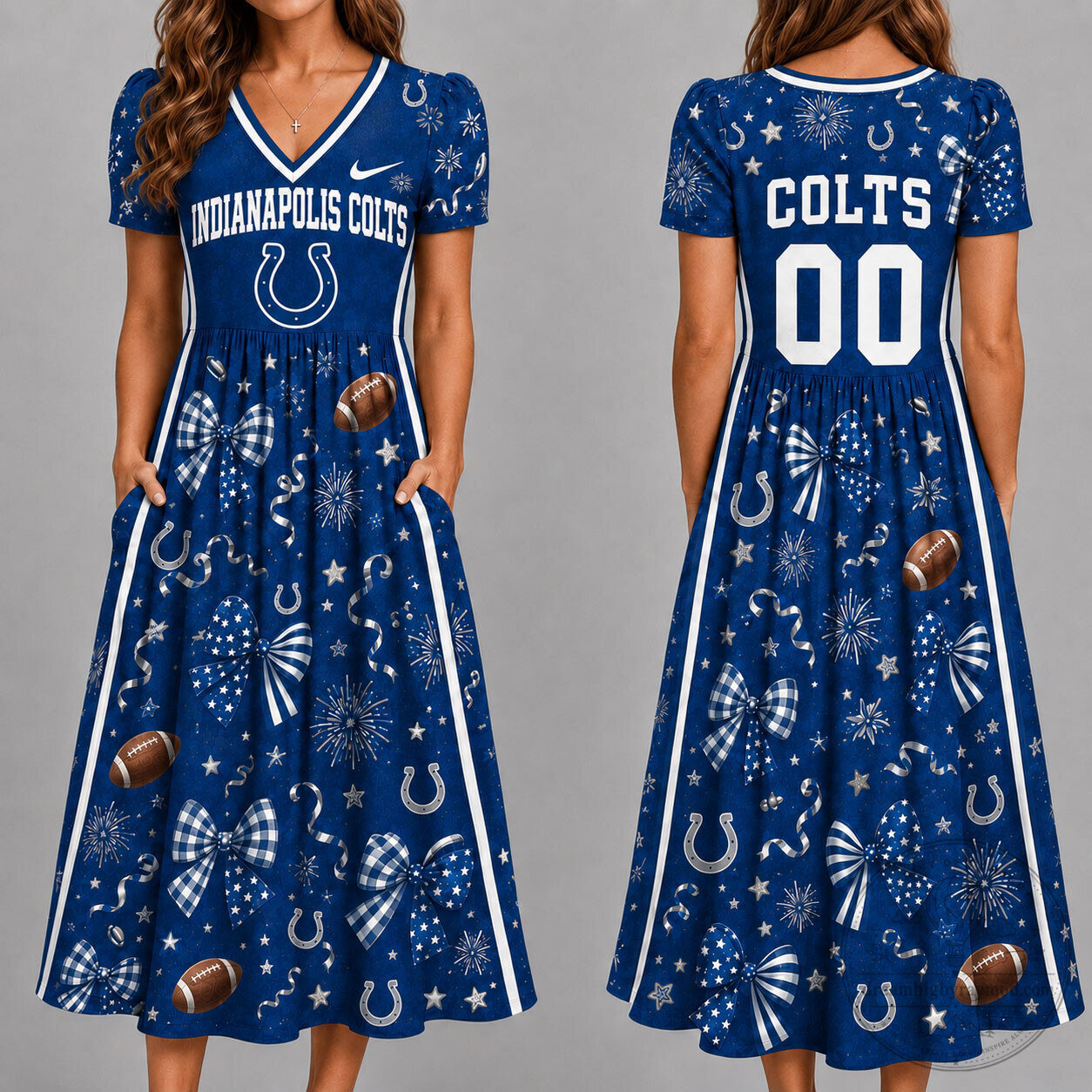 Indianapolis Colts Football Team V-Neck Game Day Dress with Pockets