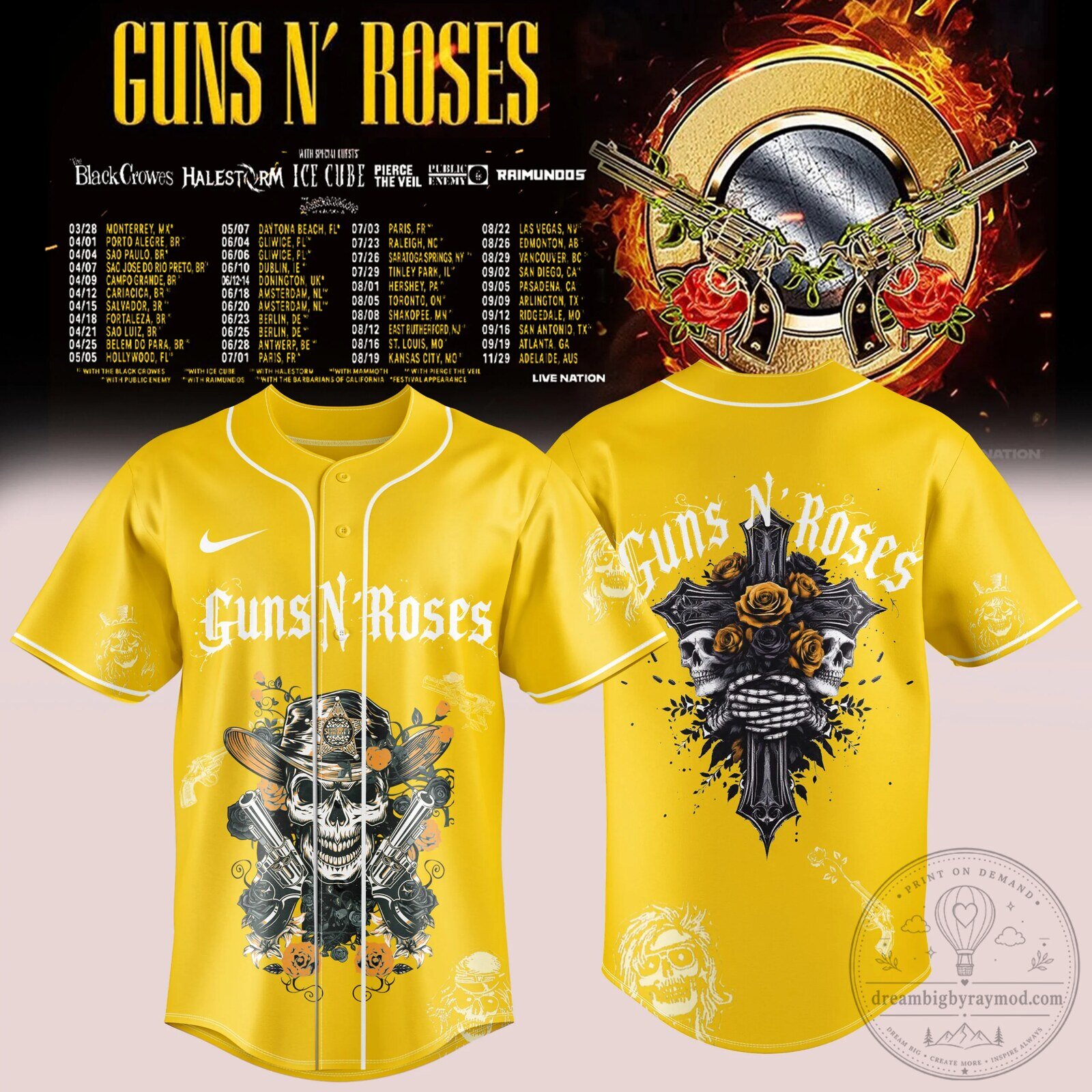 2026 Tour Yellow Baseball Jersey by Guns N' Roses - Here We Go!