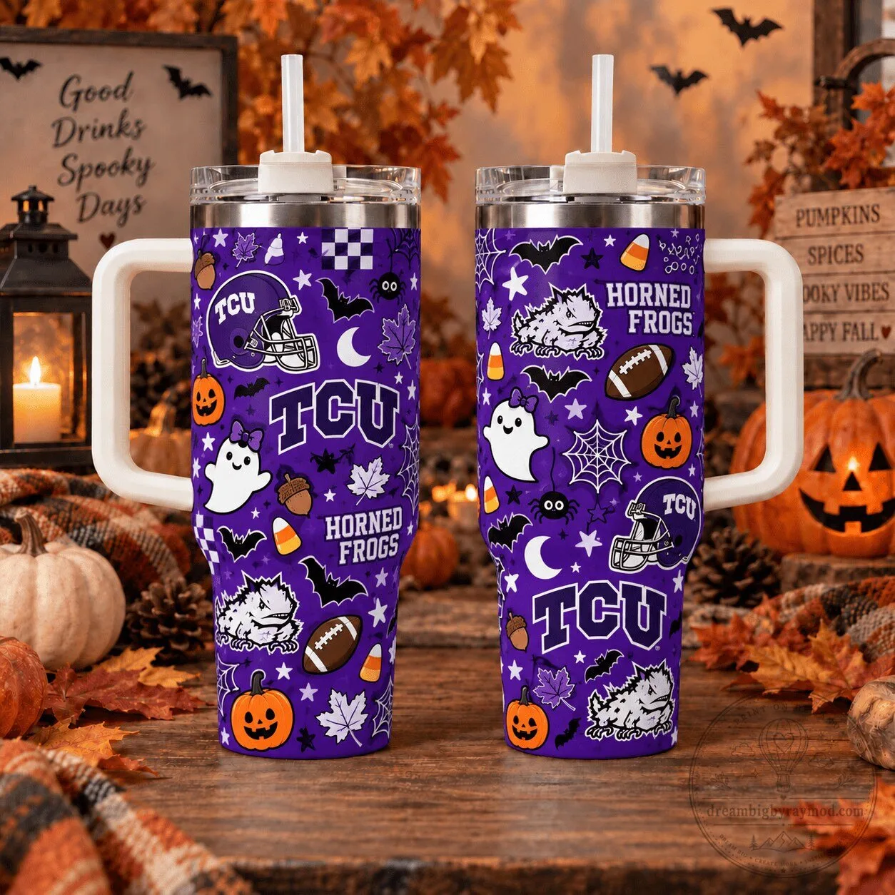TCU Horned Frogs Halloween Pattern Purple Insulated Tumbler with Handle