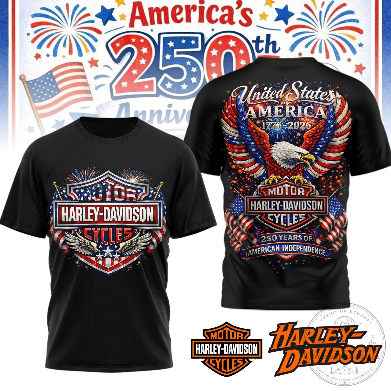 Harley Davidson Shirt, American Flag Eagle 250th Anniversary Patriotic T-Shirt