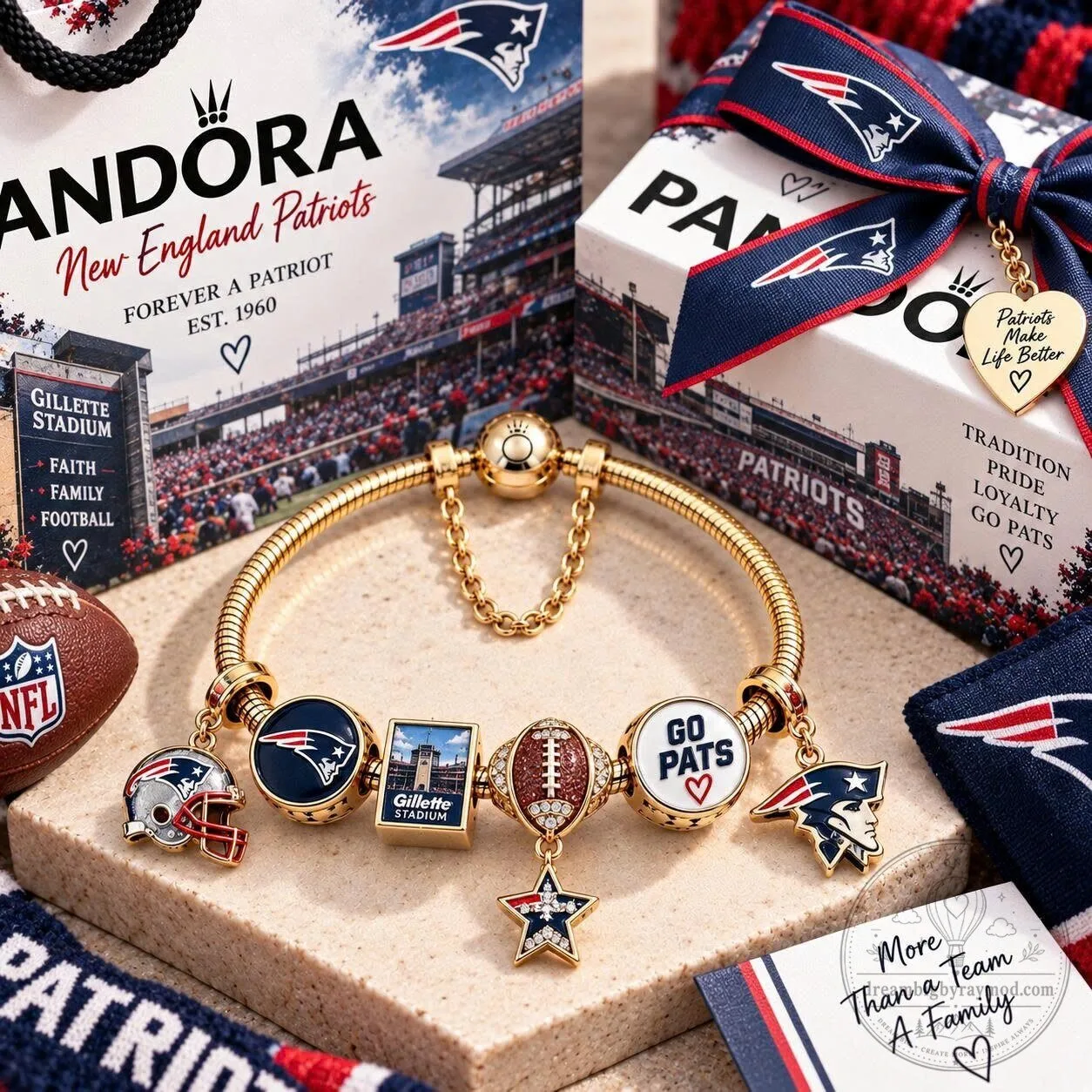 New England Patriots Gold Charm Bracelet Set with Football and Helmet Charms