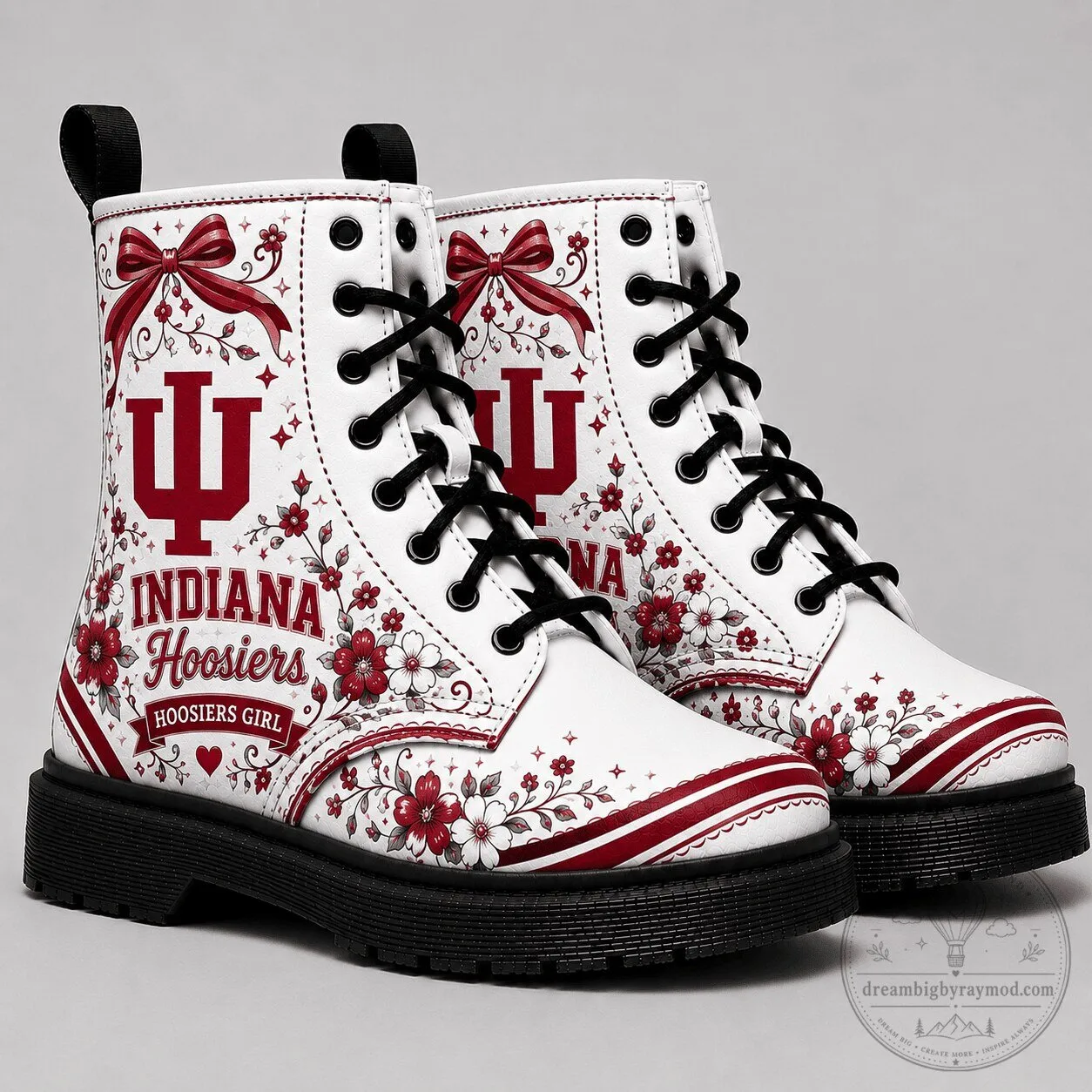 Indiana Hoosiers Floral Bow White Combat Boots