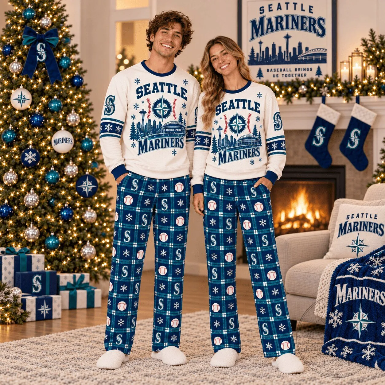 Seattle Mariners Baseball Ugly Christmas Sweater and Pants Pajama Set
