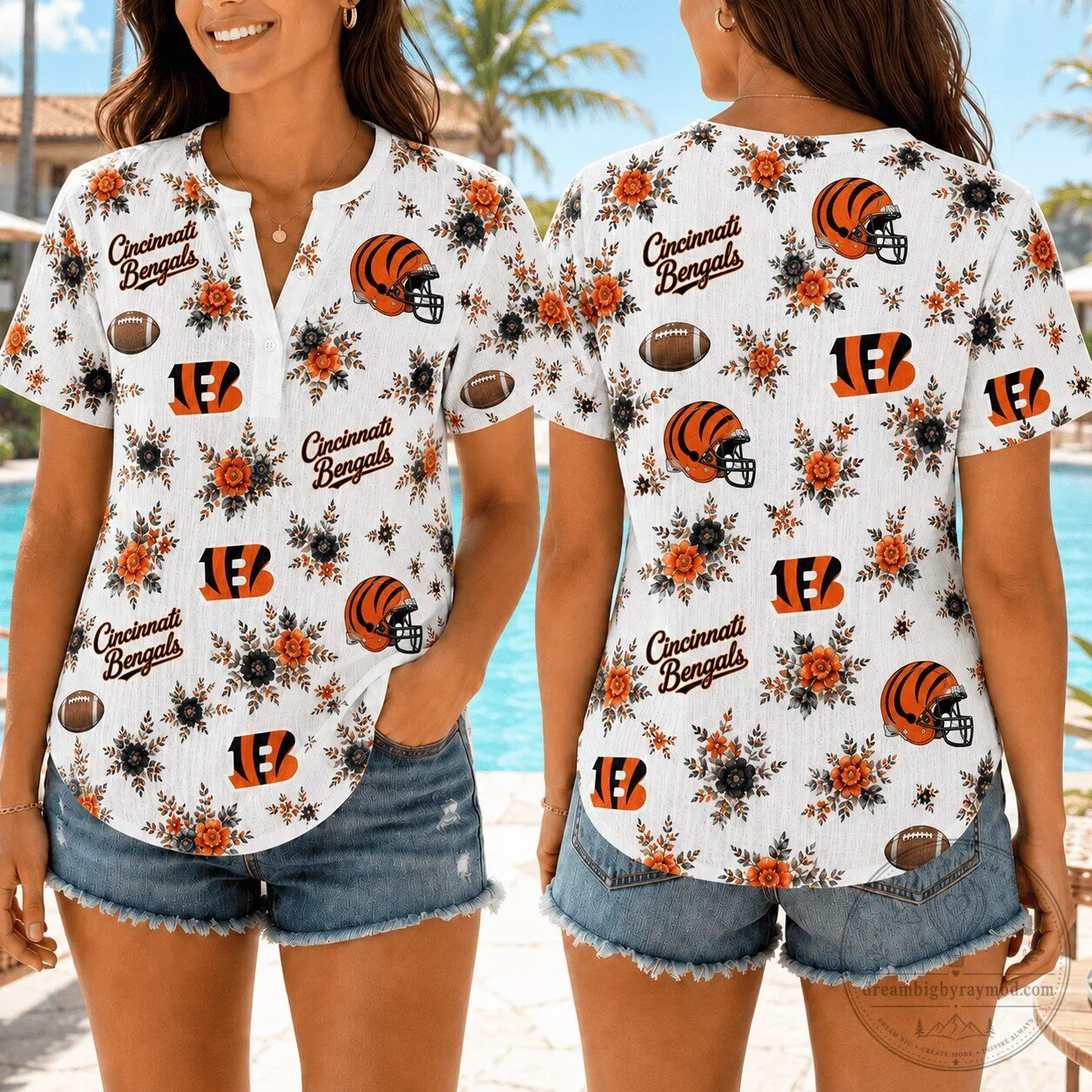 Cincinnati Football Bengals Floral Pattern Women's Short Sleeve Button Shirt