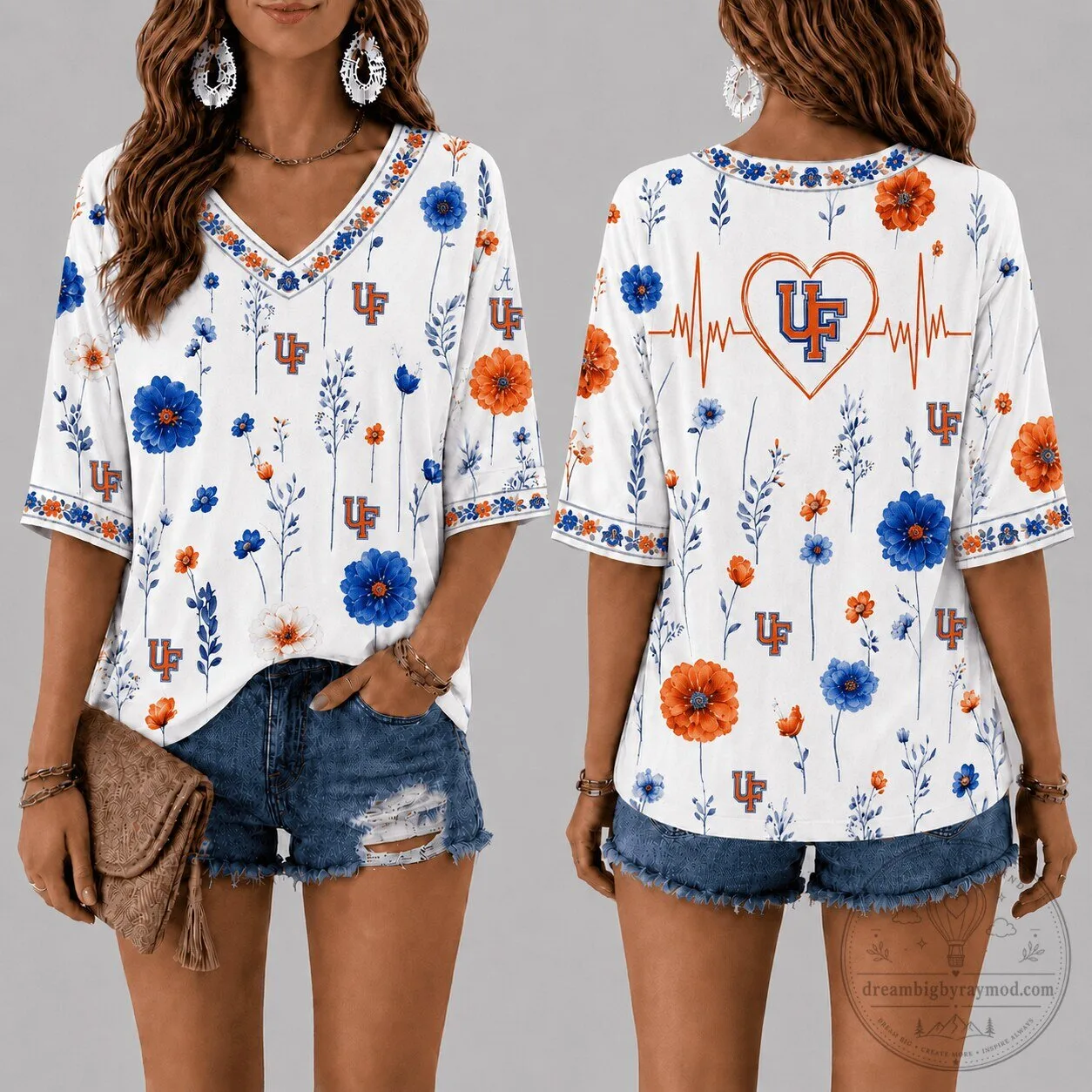 Florida Gators Football Floral Heartbeat V-Neck T-Shirt for Women