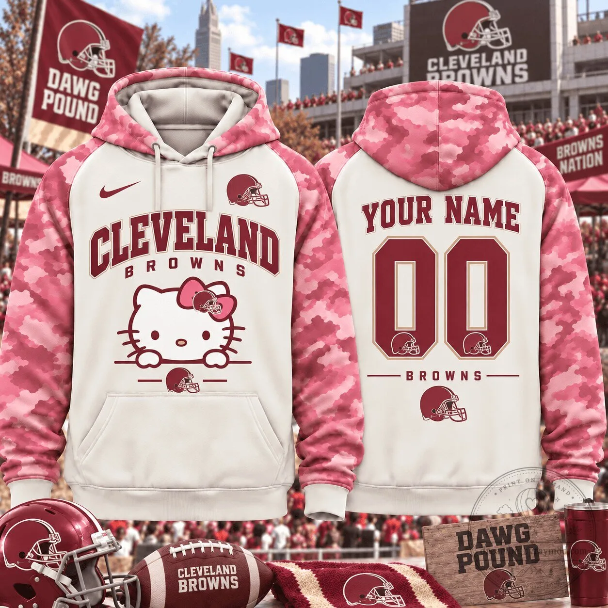 Cleveland Browns Hello Kitty Pink Camouflage Custom Name and Number Hoodie