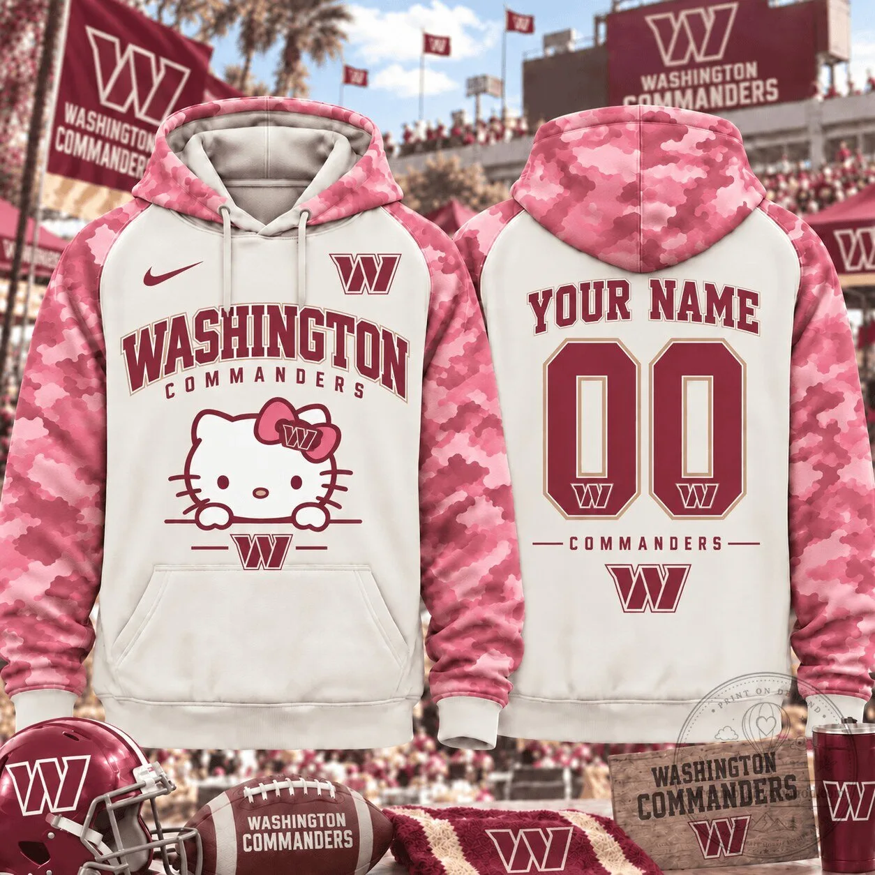 Washington Commanders Hello Kitty Pink Camouflage Custom Hoodie