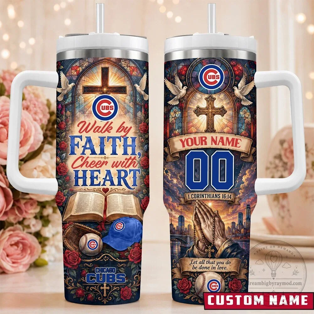 Chicago Cubs Baseball Personalized Faith and Heart Stainless Steel Tumbler