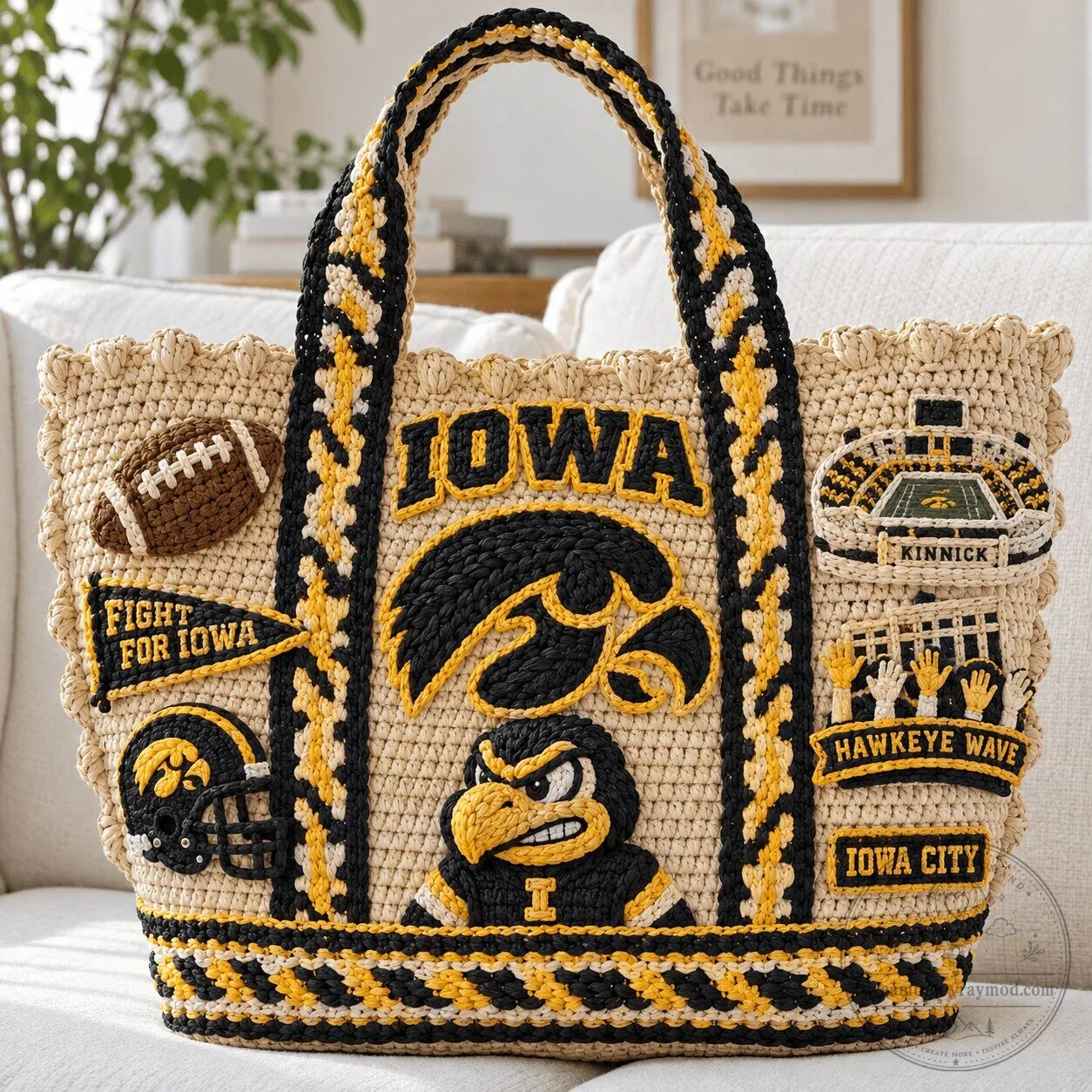 Iowa Hawkeyes Football Embellished Straw Tote Bag