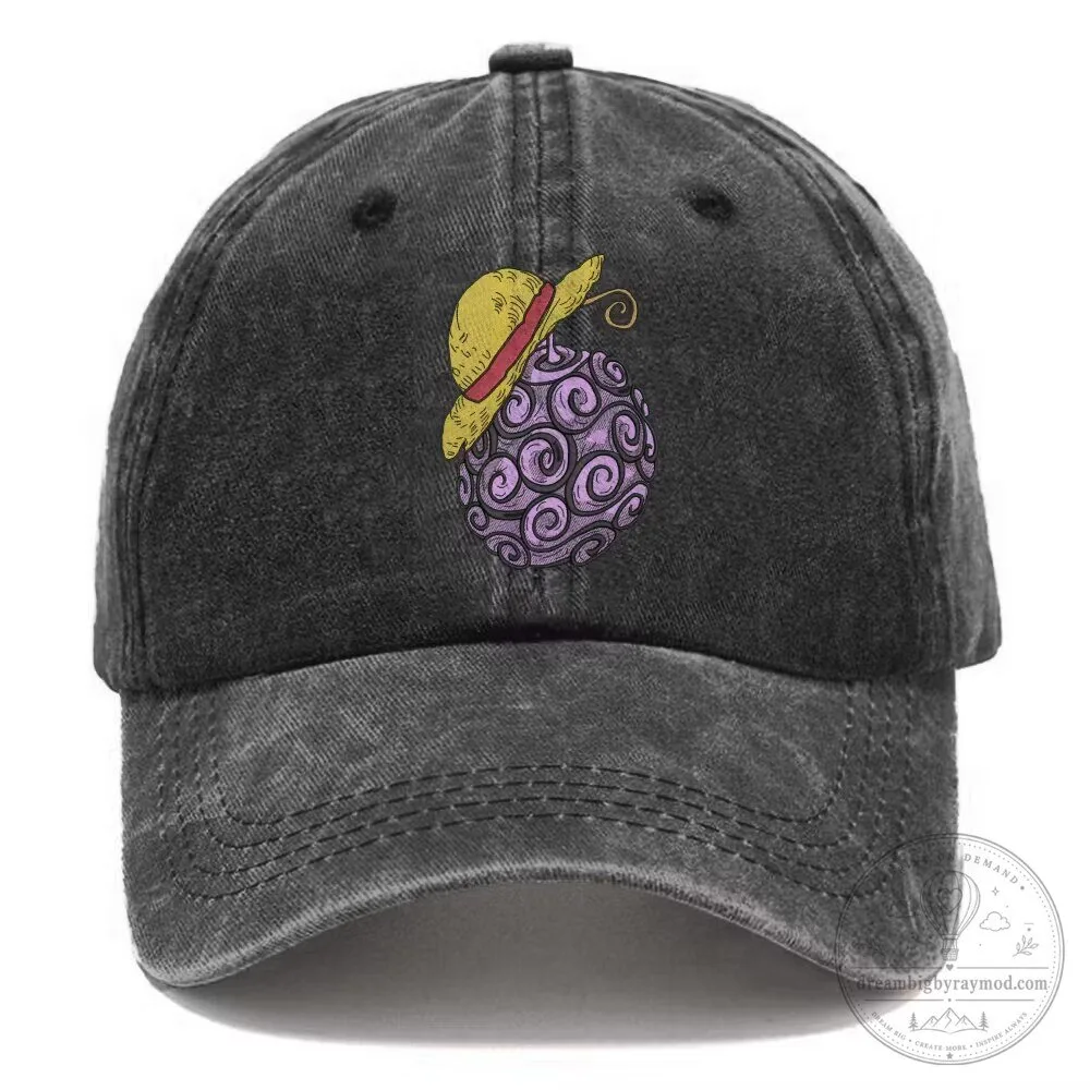 One Piece Devil Fruit Straw Hat Embroidered Black Washed Cap Hat