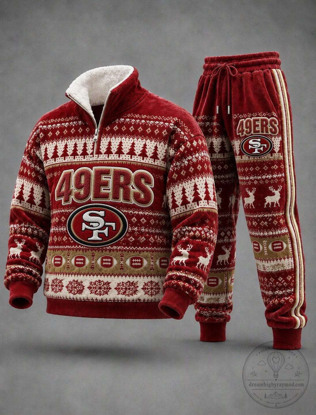 San Francisco 49ers Ugly Christmas Sweater Design Half-Zip Pullover and Jogger Pants Set