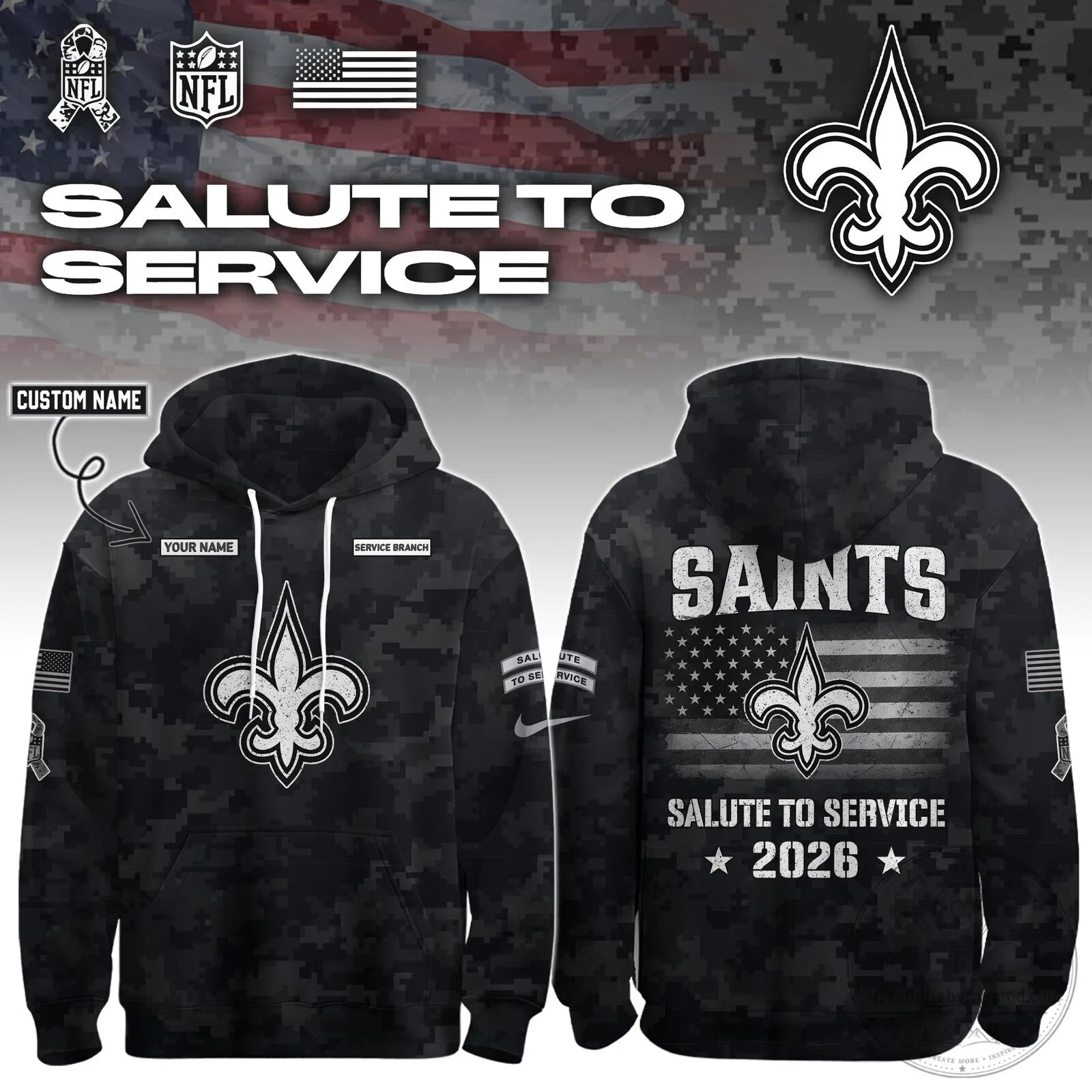 New Orleans Saints Salute To Service 2026 Custom Name Military Hoodie