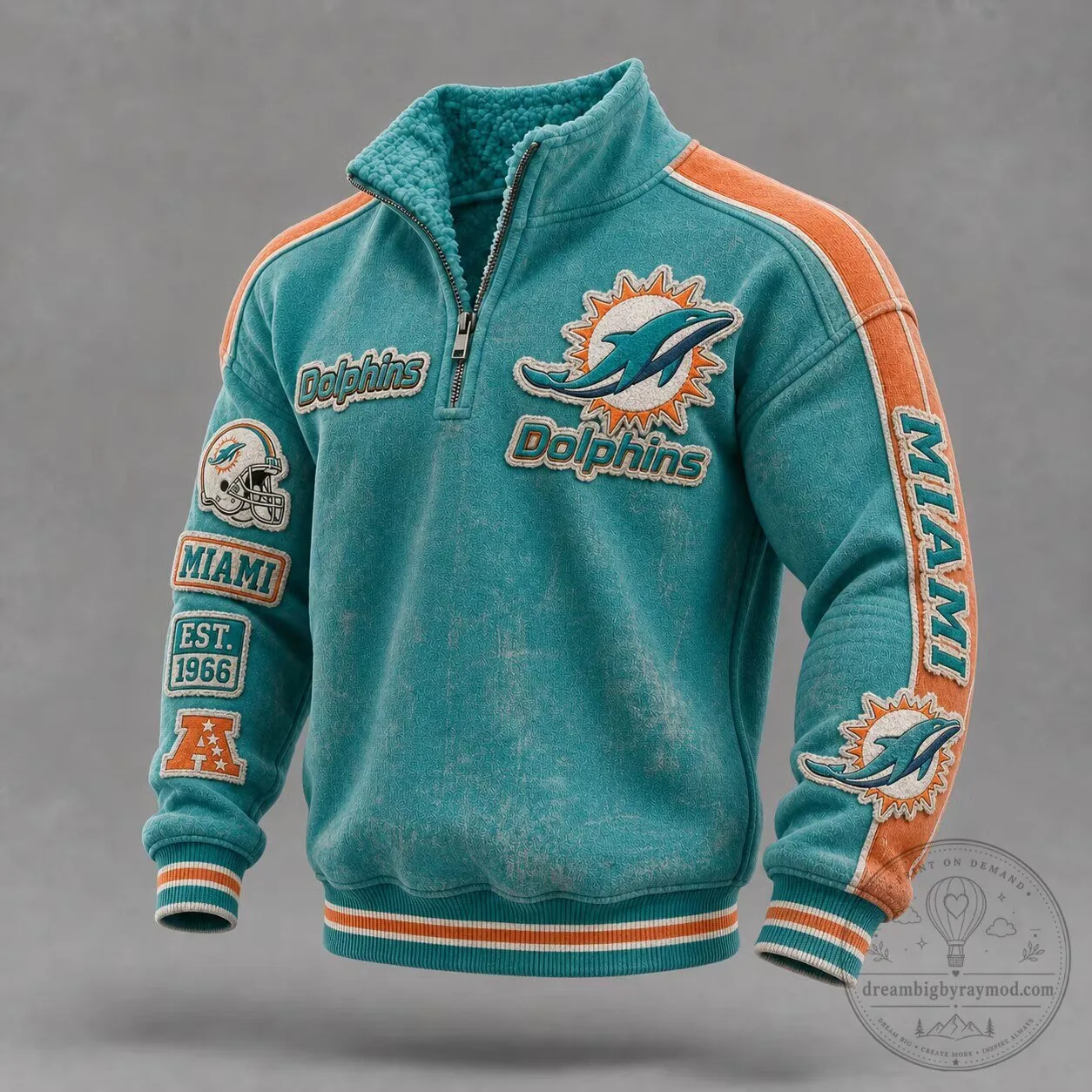 Miami Dolphins Quarter-Zip Stand Collar Sweatshirt with Embroidered Patches