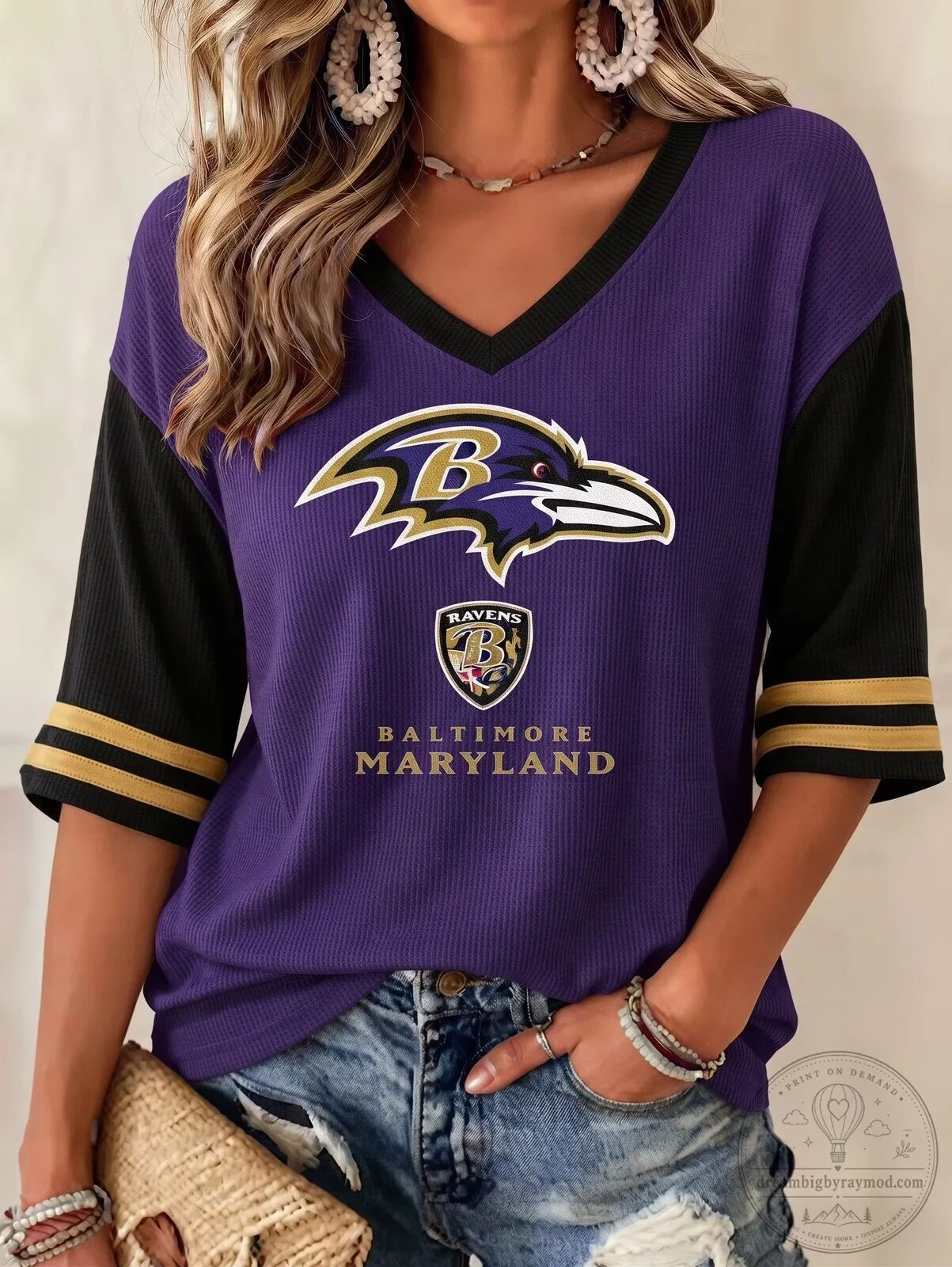 Baltimore Ravens Football Team Women's V-Neck Short Sleeve T-Shirt