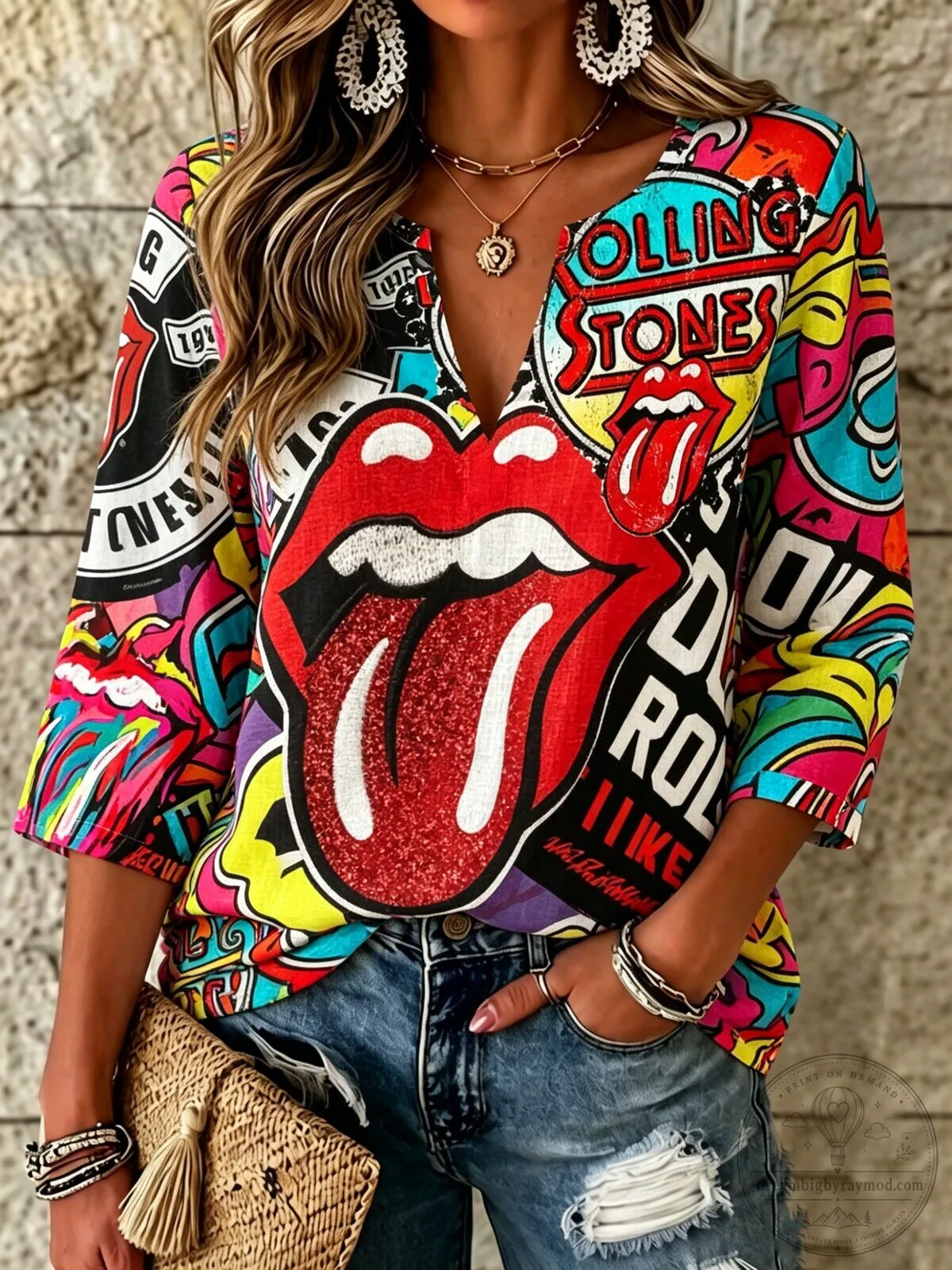 The Rolling Stones Lips Logo Colorful Pop Art Women's V-Neck T-Shirt