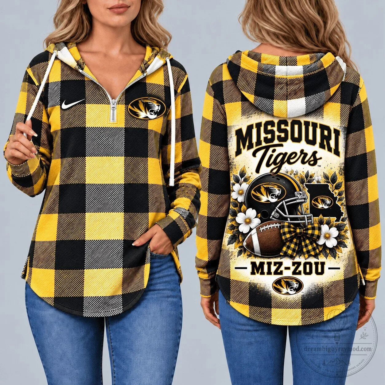 Missouri Tigers Plaid Football Game Day Vintage Women's Quarter Zip Hoodie