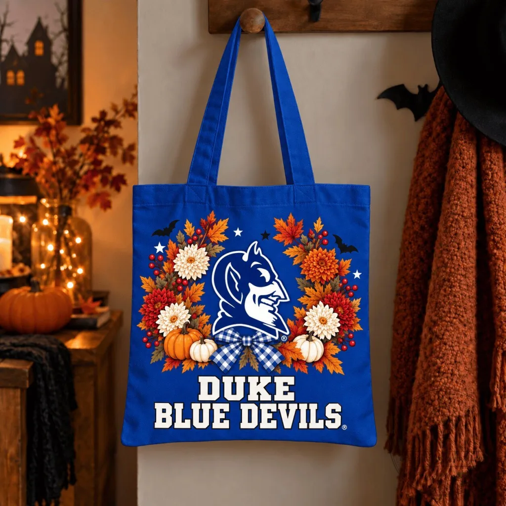 Duke Blue Devils Halloween Autumn Floral Wreath Blue Tote Bag Duke Blue Devils Halloween Autumn Floral Wreath Blue Tote Bag