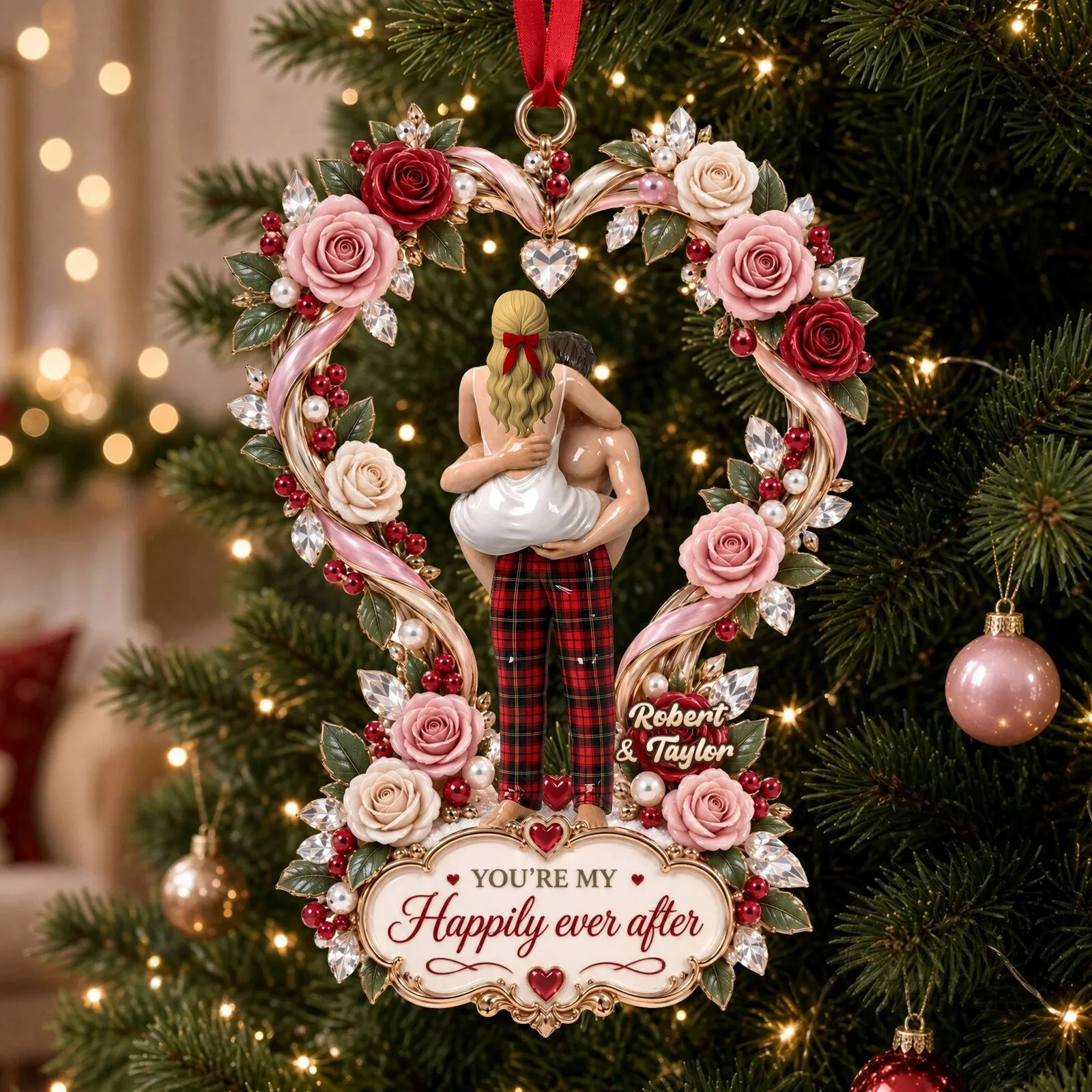 Personalized Couple Happily Ever After Heart Shaped Christmas Ornament