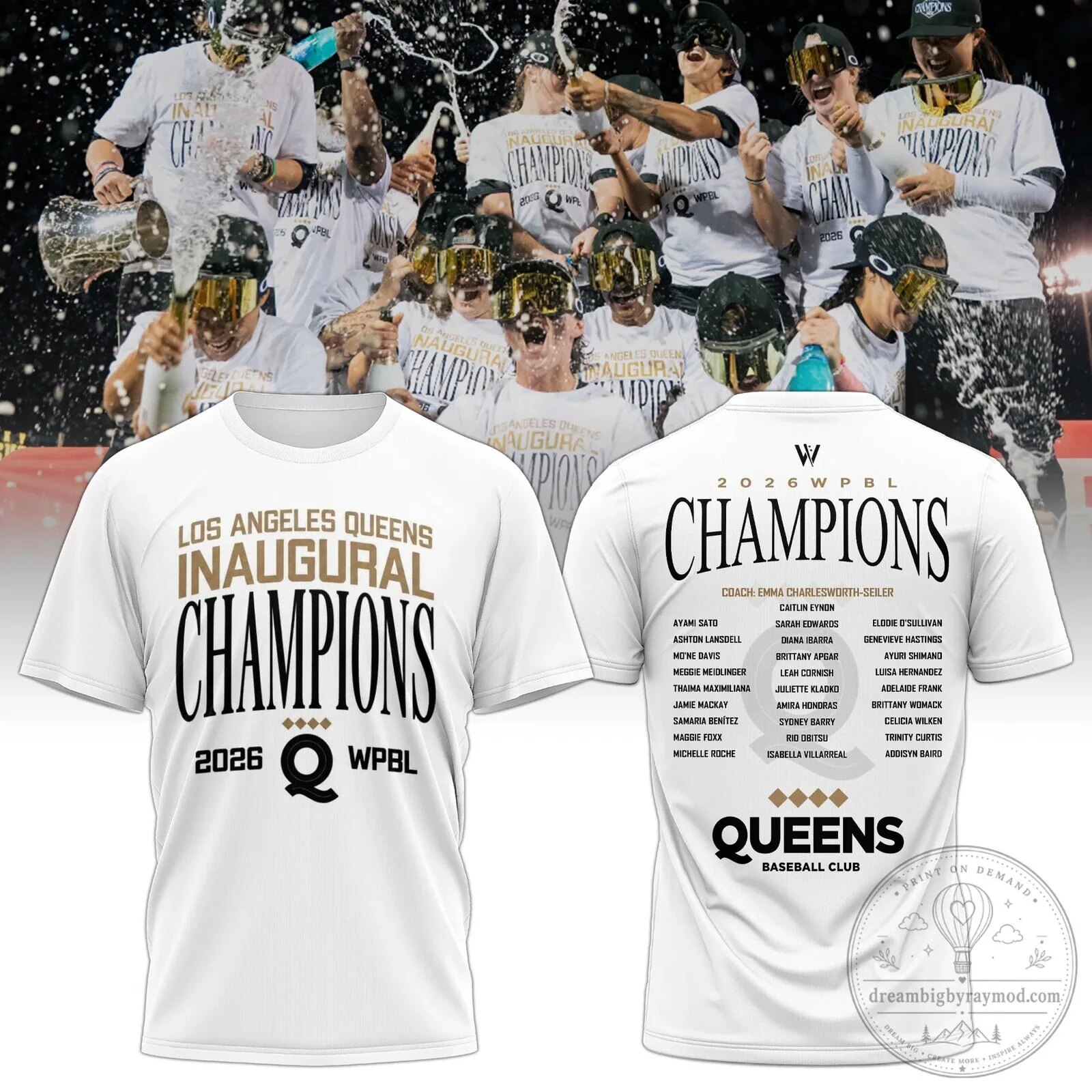 White T-Shirt for 2026 WPBL Baseball Club Inaugural Champions Los Angeles Queens