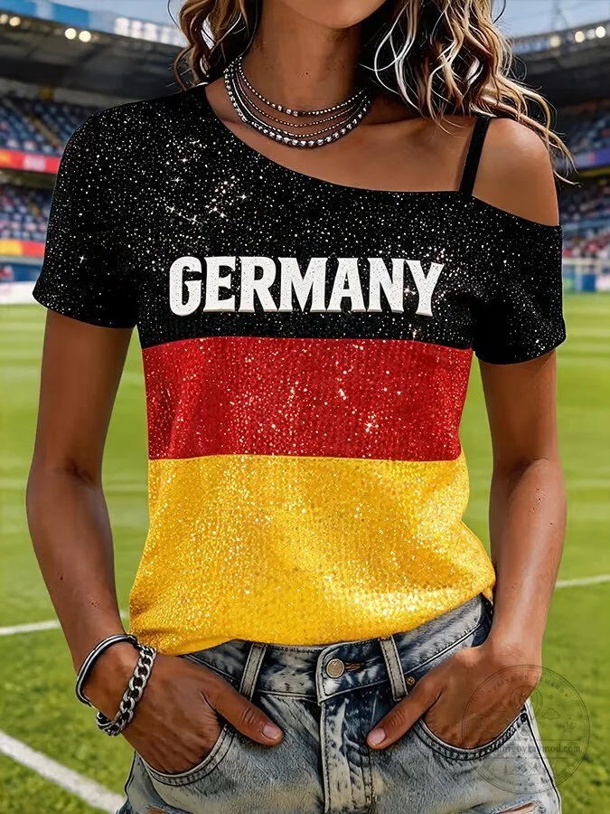 Germany National Football Team Flag Sequin Off Shoulder T-Shirt