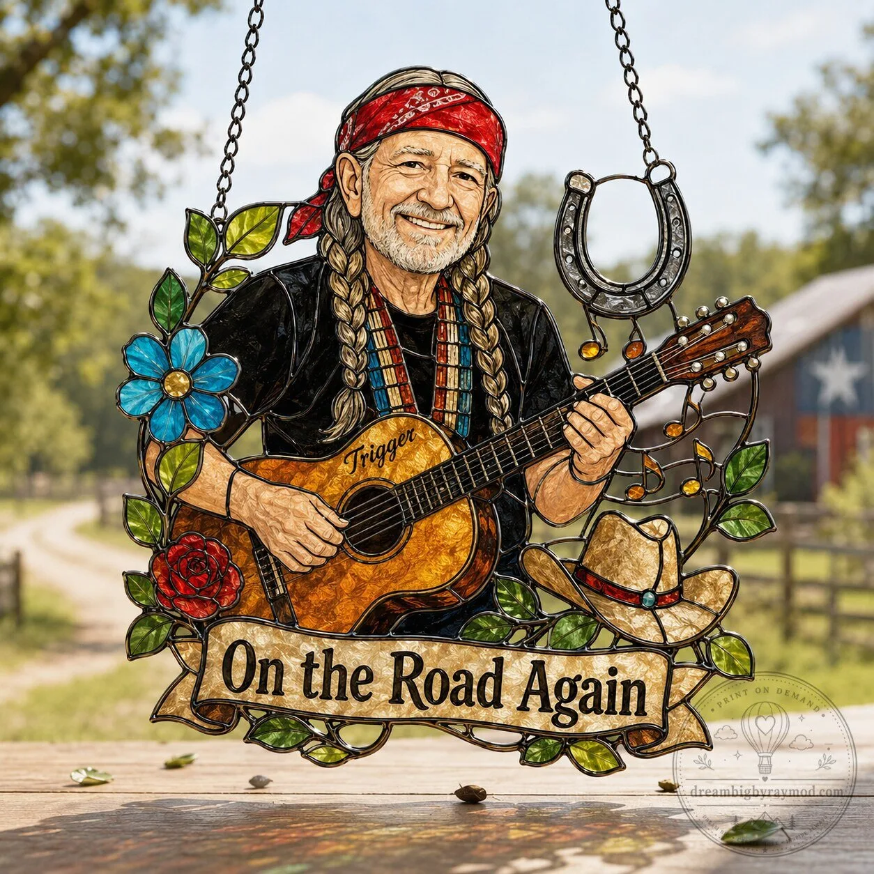 Willie Nelson On the Road Again Country Music Legend Stained Glass Suncatcher
