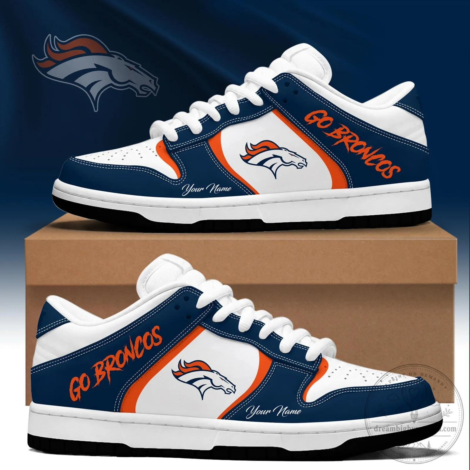 Denver Broncos Custom Name Blue Orange White Team Colors Sneakers