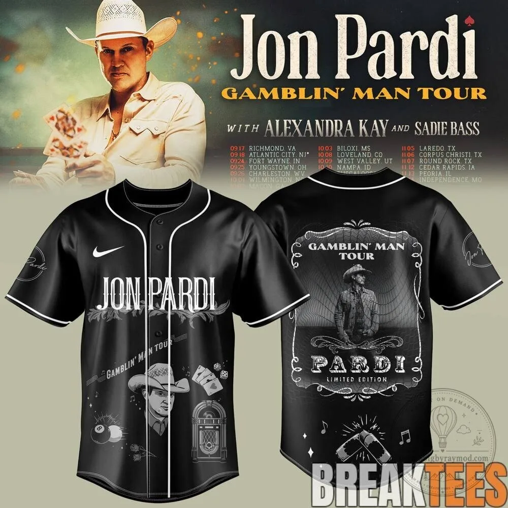 Jon Pardi Gamblin' Man Tour Concert Baseball Jersey with Tour Dates