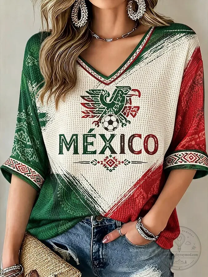 Mexico Soccer Women's Casual V-Neck Short Sleeve T-Shirt