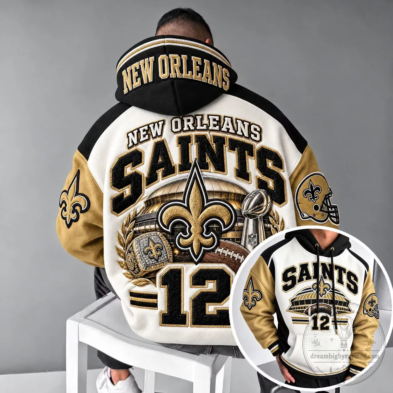 New Orleans Saints NFL Football Team Logo White and Gold Hoodie