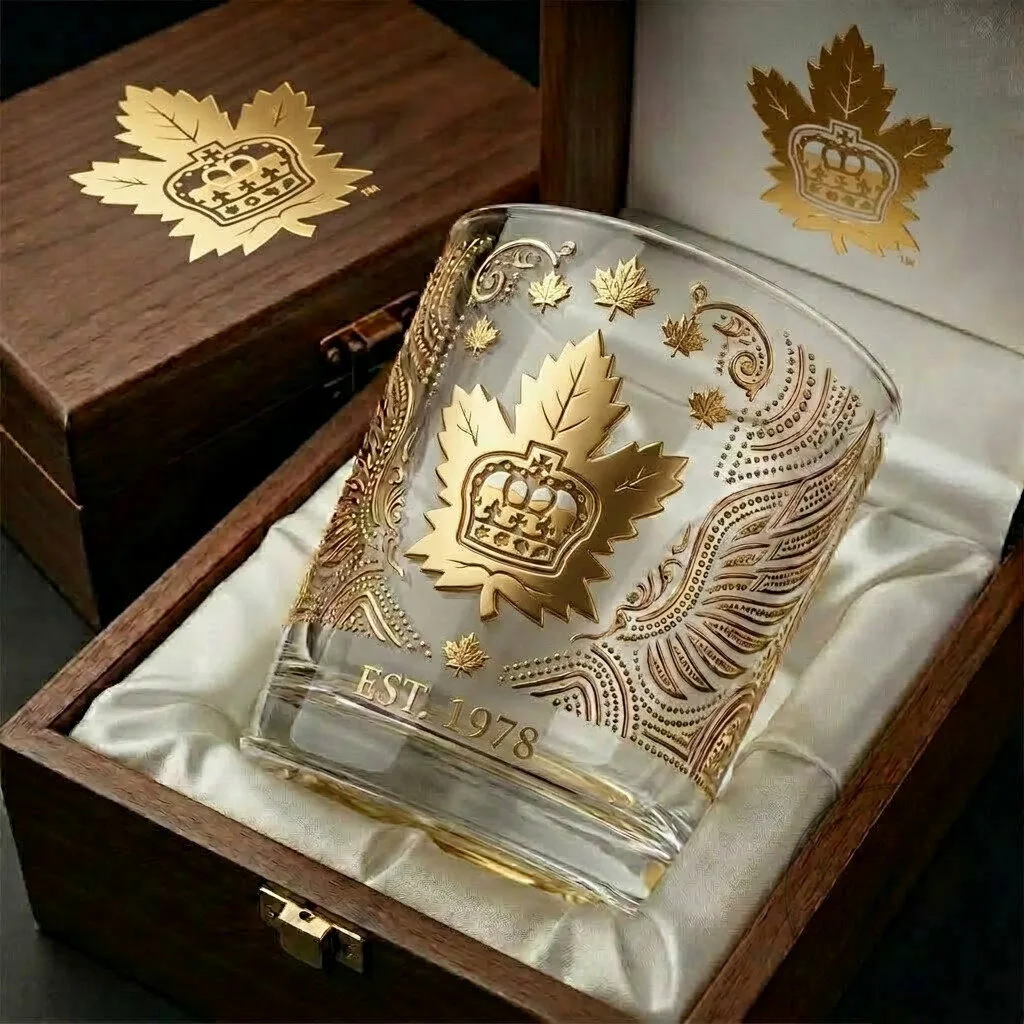 Canadian Maple Leaf Crown Gold Etched Whiskey Glass with Gift Box