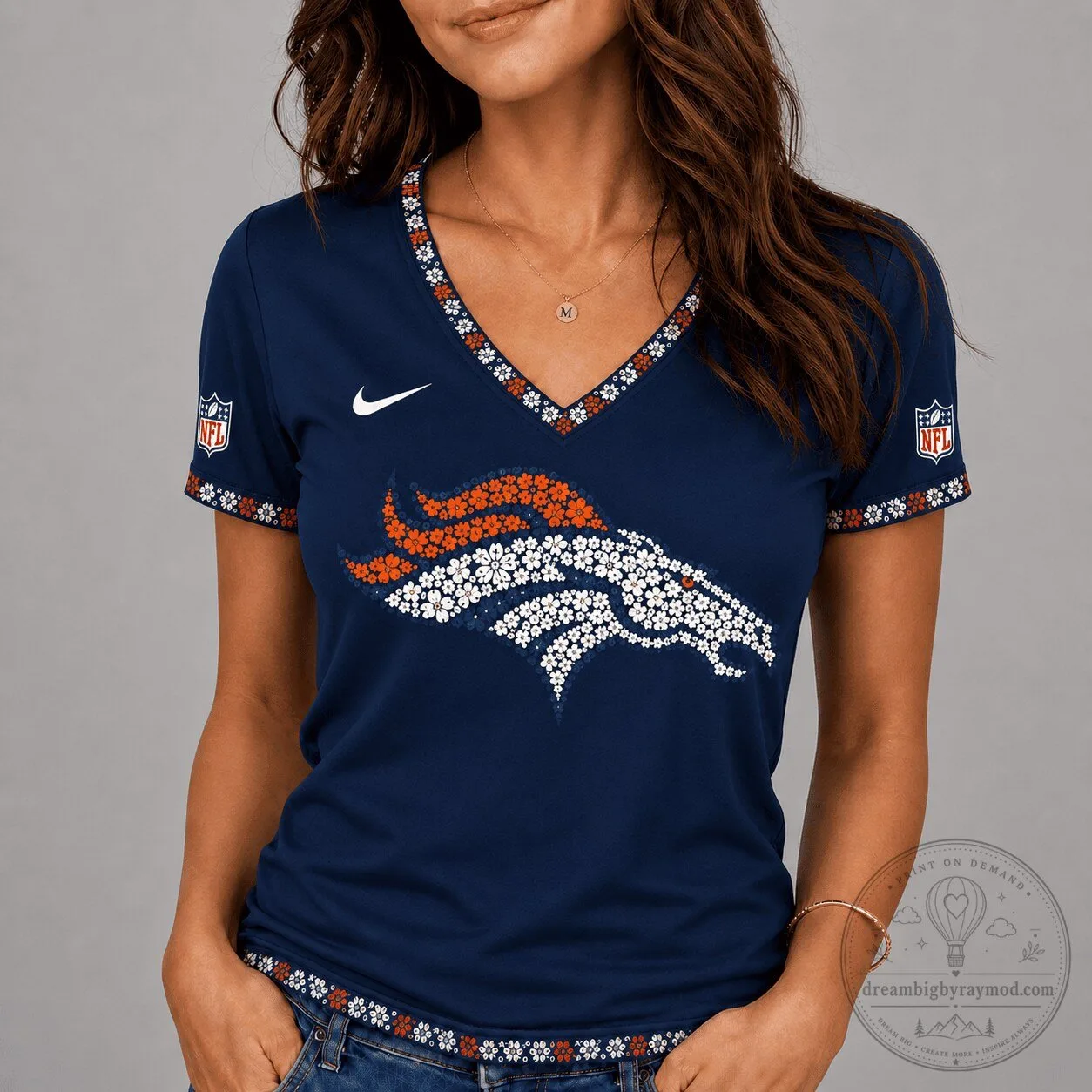 Denver Broncos Flower Logo V-Neck Short Sleeve Women's T-Shirt