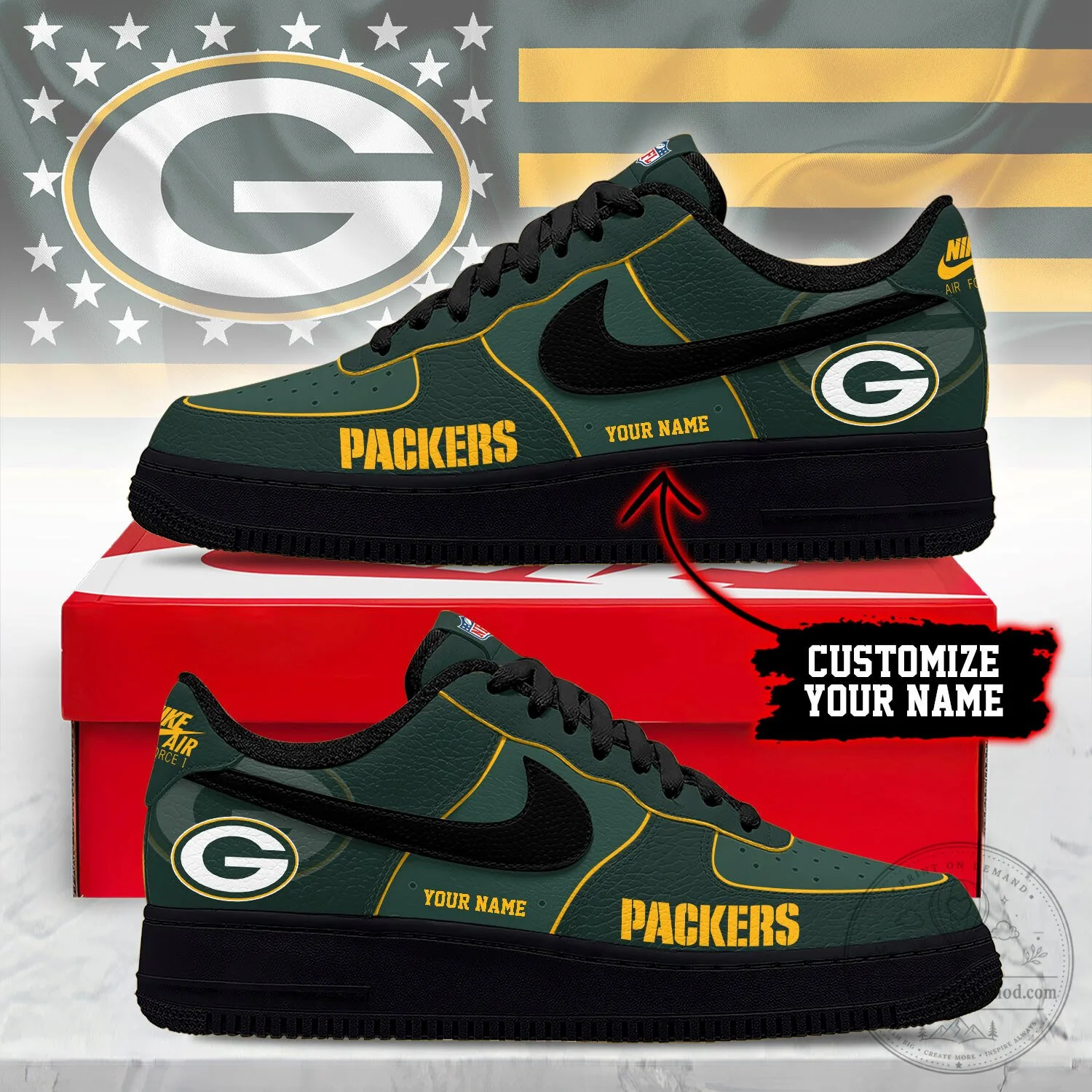 Green Bay Packers Custom Name Team Logo NFL Football Sneakers