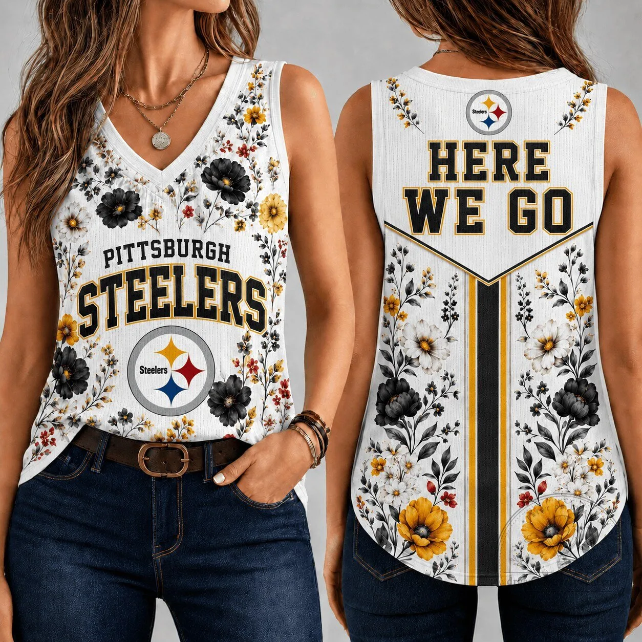 Women's V-Neck Tank Top for Game Day with Vintage Floral Design - Pittsburgh Steelers
