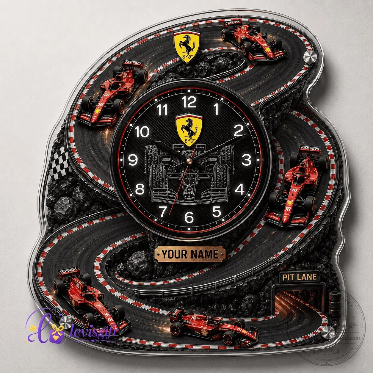 Ferrari Formula 1 Racing Fan Gift Wall Clock with Personalized Name Plate