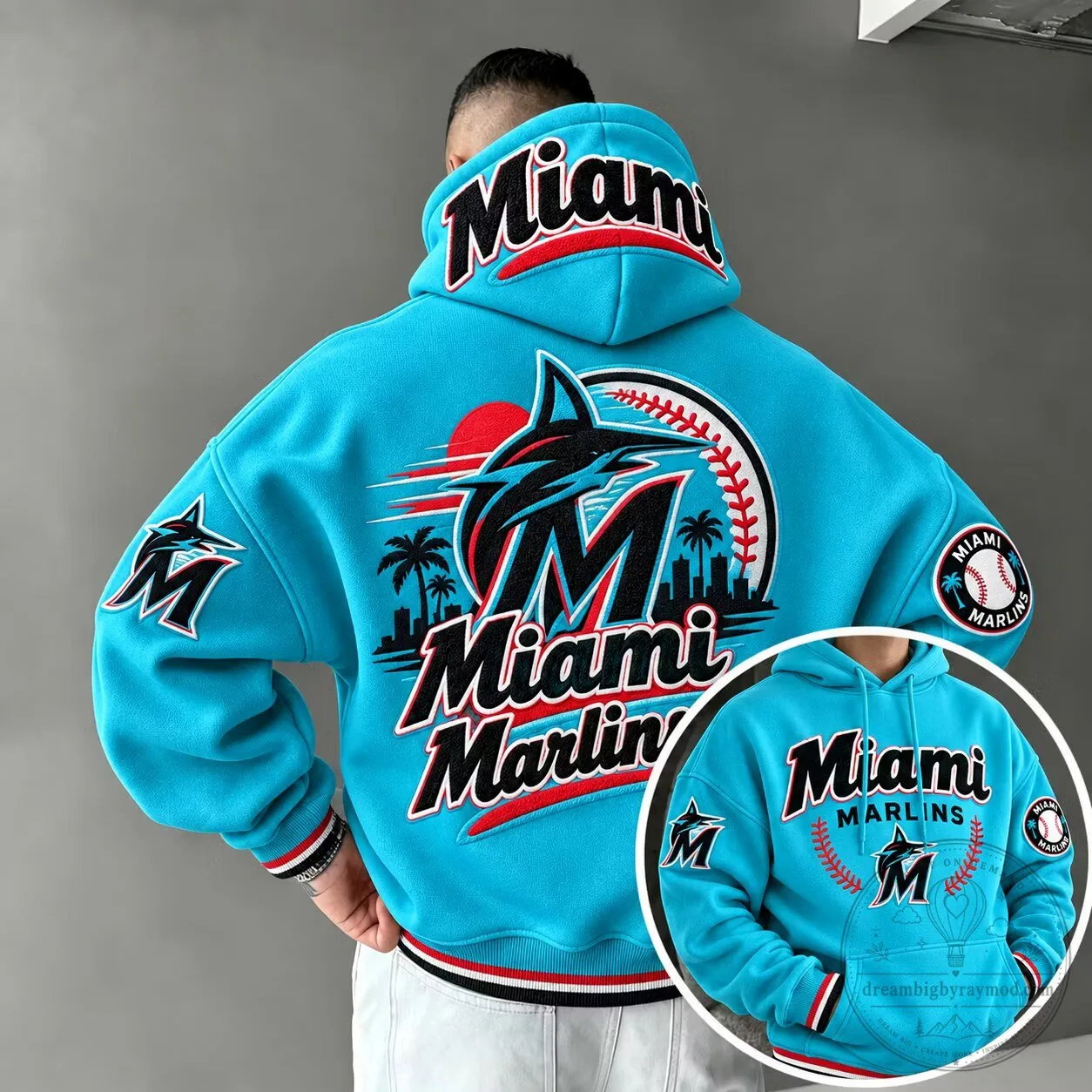 Miami Marlins Baseball Team Logo Embroidered Blue Oversized Hoodie