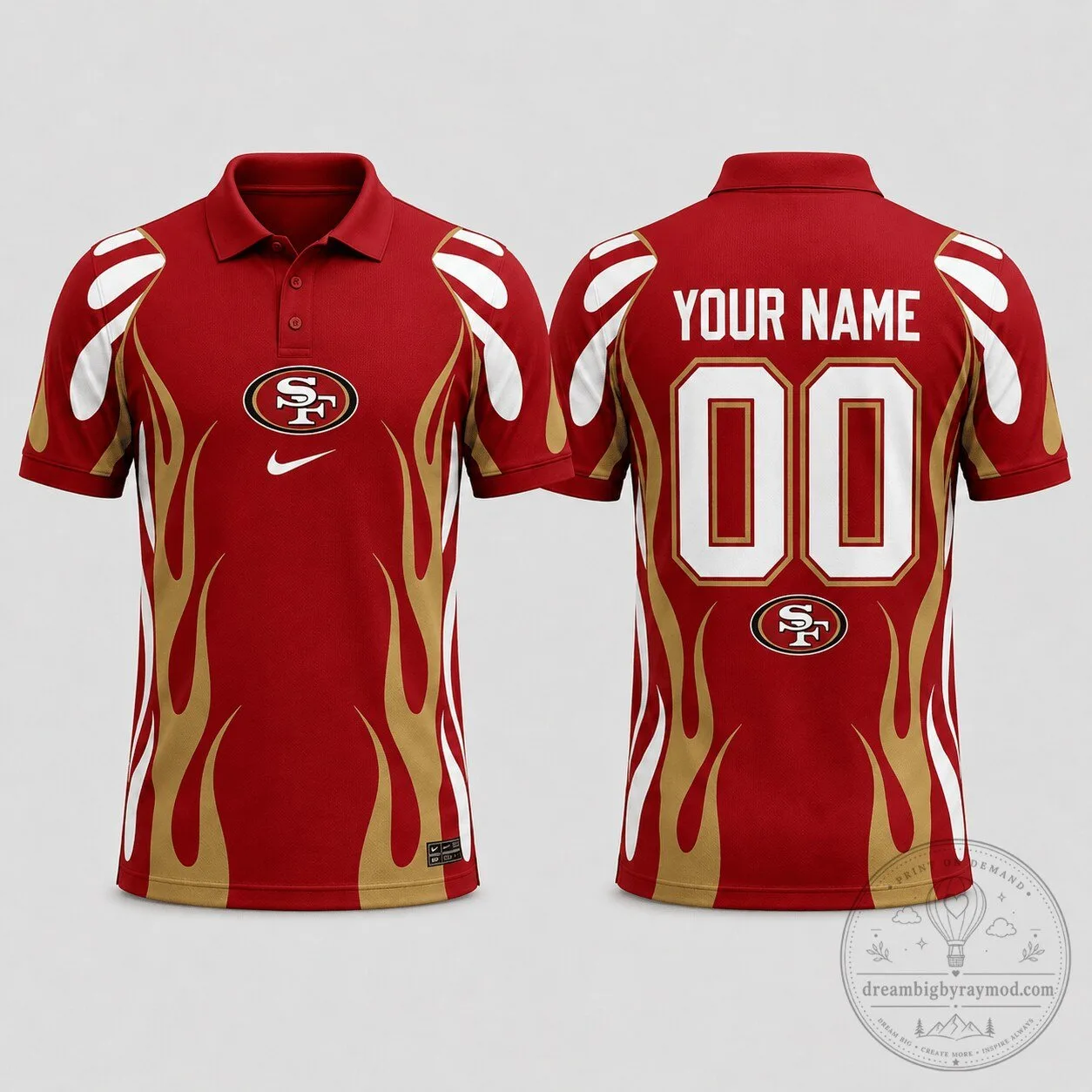 San Francisco 49ers Custom Name and Number Red Flames Polo Shirt