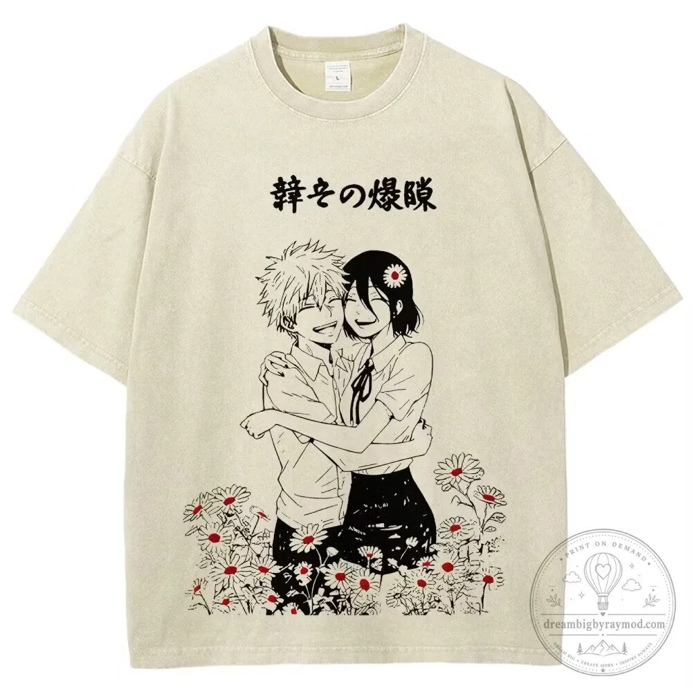 Chainsaw Man Denji and Asa Mitaka Hugging Anime Graphic T-Shirt