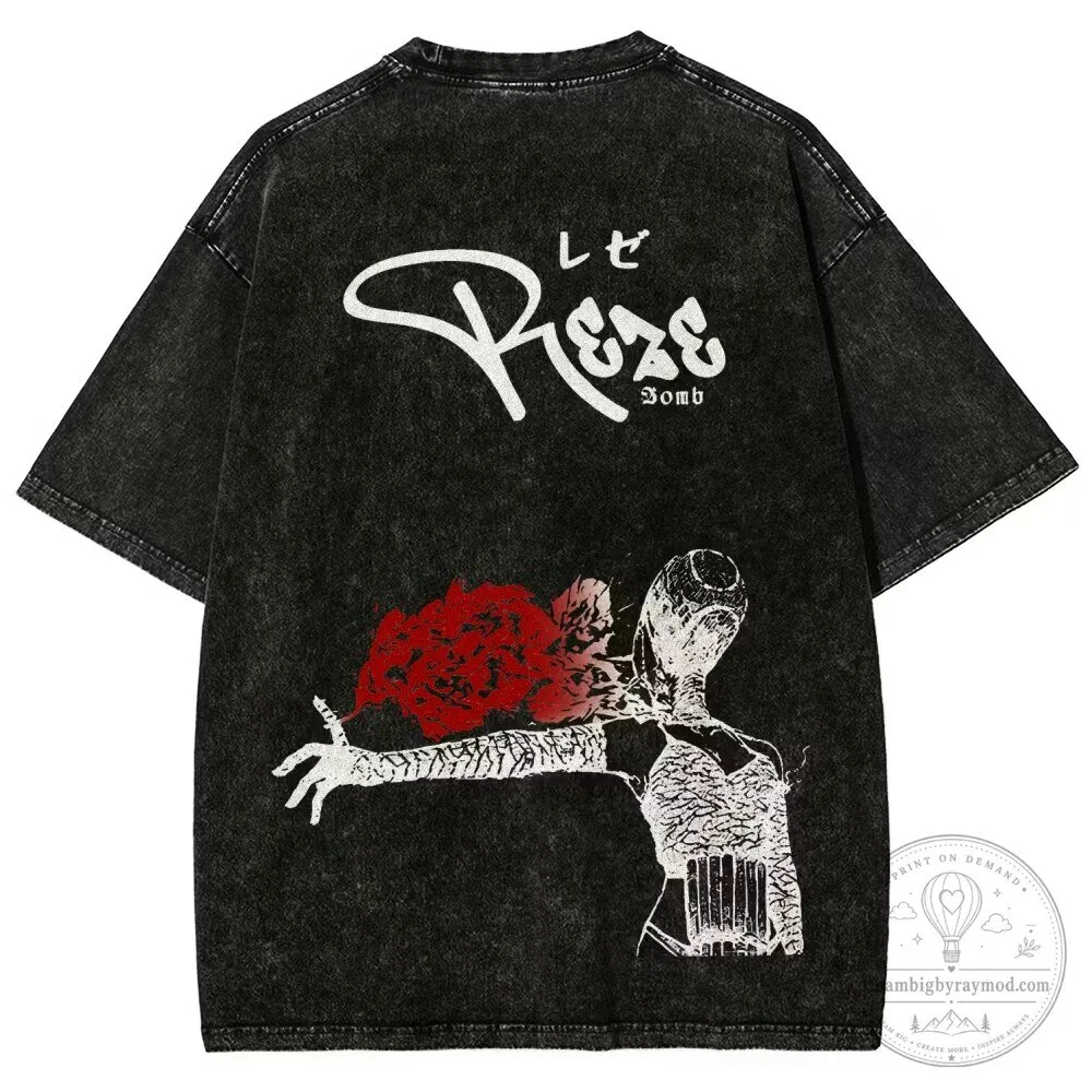 Chainsaw Man Reze Bomb Washed Black Graphic T-Shirt