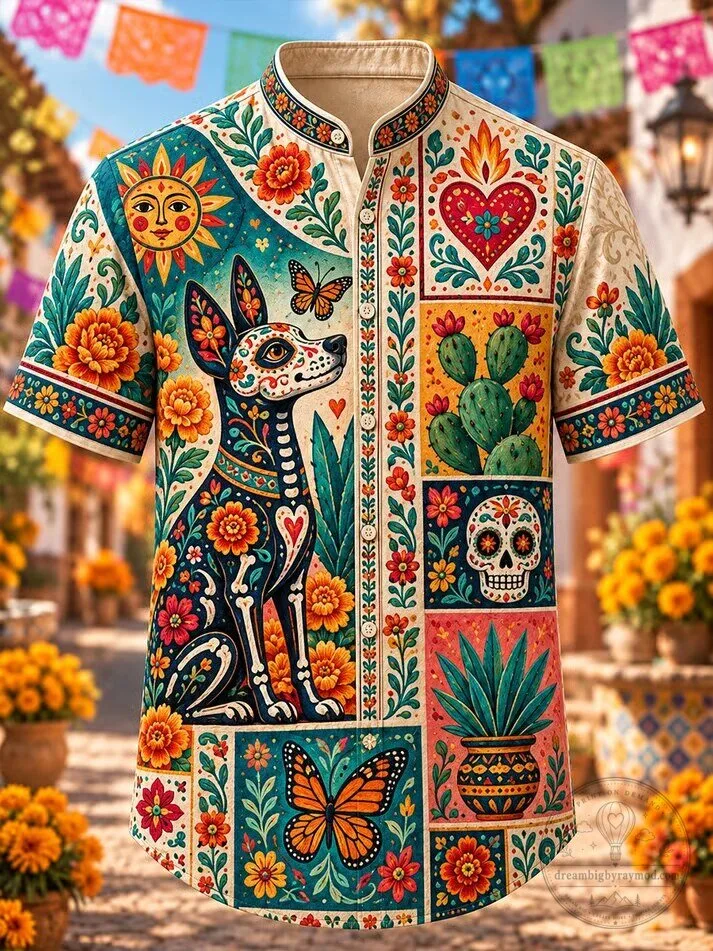 Day Of The Dead Sugar Skull Dog Floral Pattern Short-Sleeve Hawaiian Shirt
