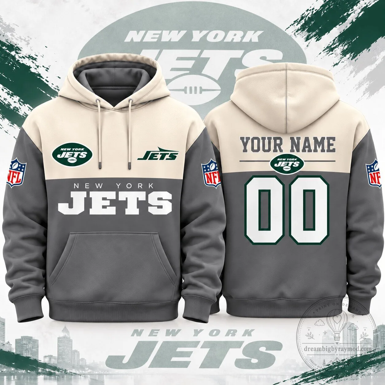 New York Jets NFL Custom Varsity Colorblock Pullover Hoodie