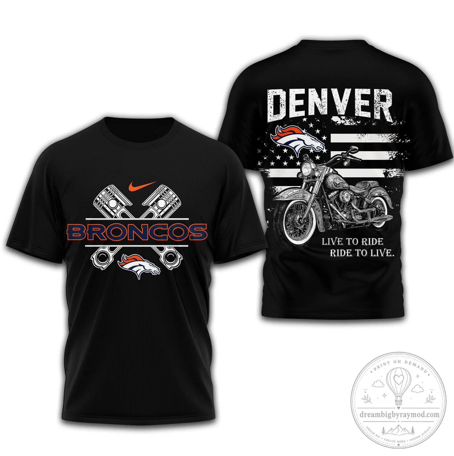 Denver Broncos Motorcycle Live To Ride Black Graphic T-Shirt