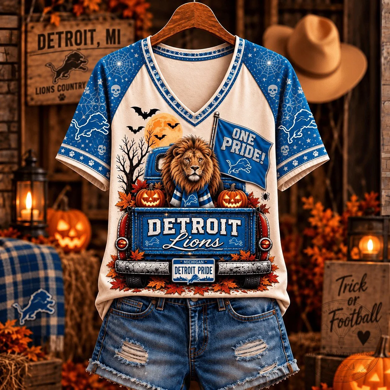 Detroit Lions Fan Halloween Truck and Lion V-Neck T-Shirt
