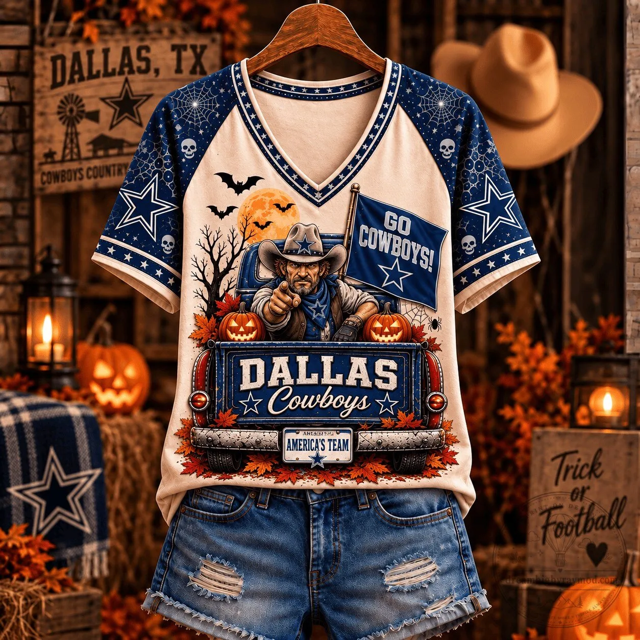 Dallas Cowboys Halloween V-Neck T-Shirt for Women, Football Fan Apparel