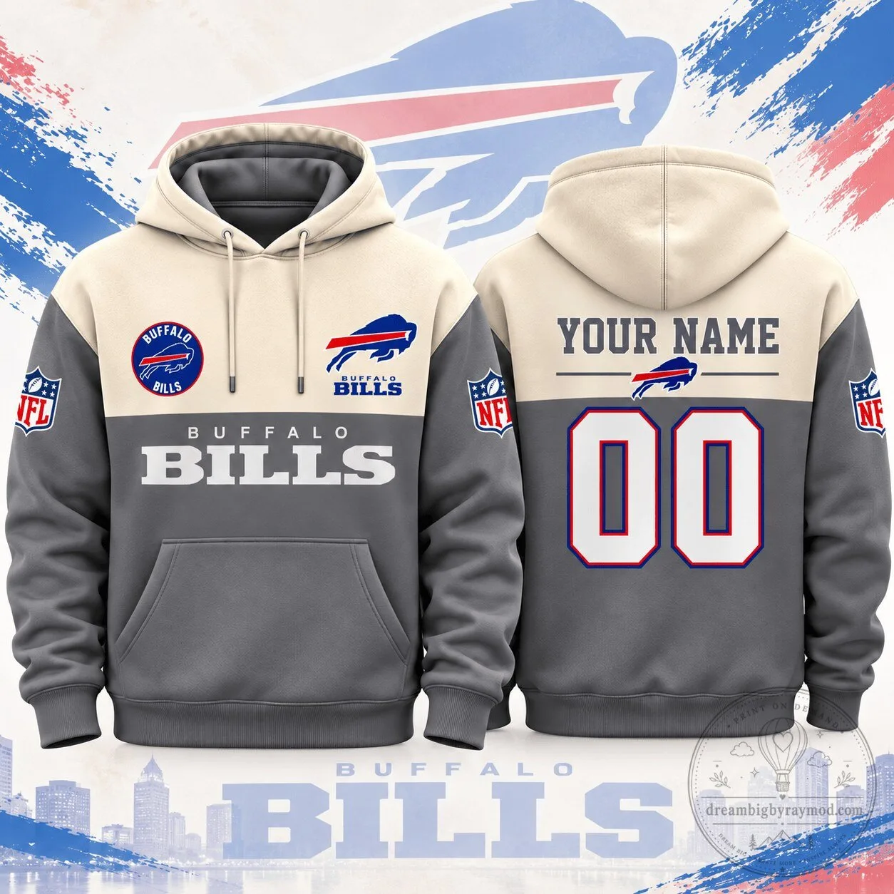 Buffalo Bills Custom Name and Number Colorblock Pullover Hoodie
